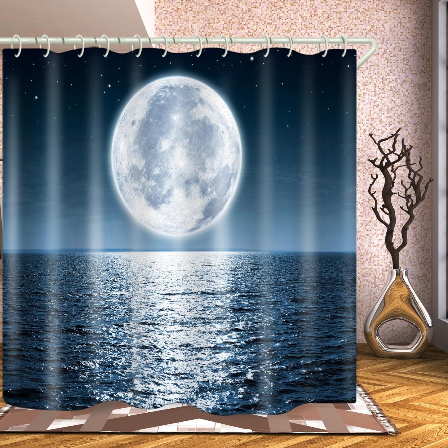 LYFANS Bathroom Equipped Wwith 3D Sea Moon Decorative Shower Curtain, Fabric Shower Curtains with 12 Shower Curtain Hooks, Bathtub Curtains, 72x72 Inch Waterproof Shower Curtains
