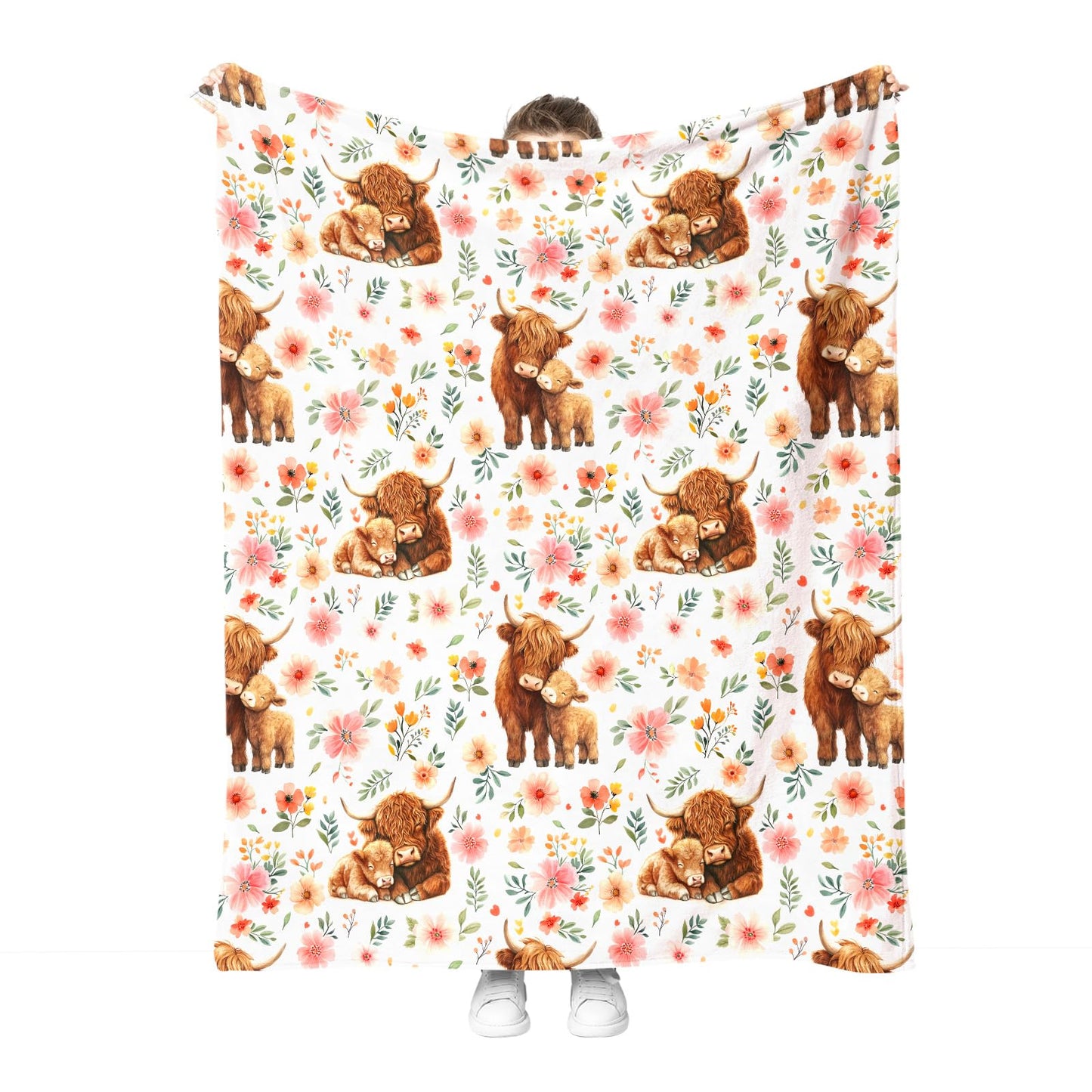 Hohoto Highland Cattle Floral Blanket Flower Gifts for Women Girls Adults Kids Men Boys Birthday Christmas Halloween Easter Wife Mom Girlfriend Dad Son Husband Spring Throw Blanket 50"x60"