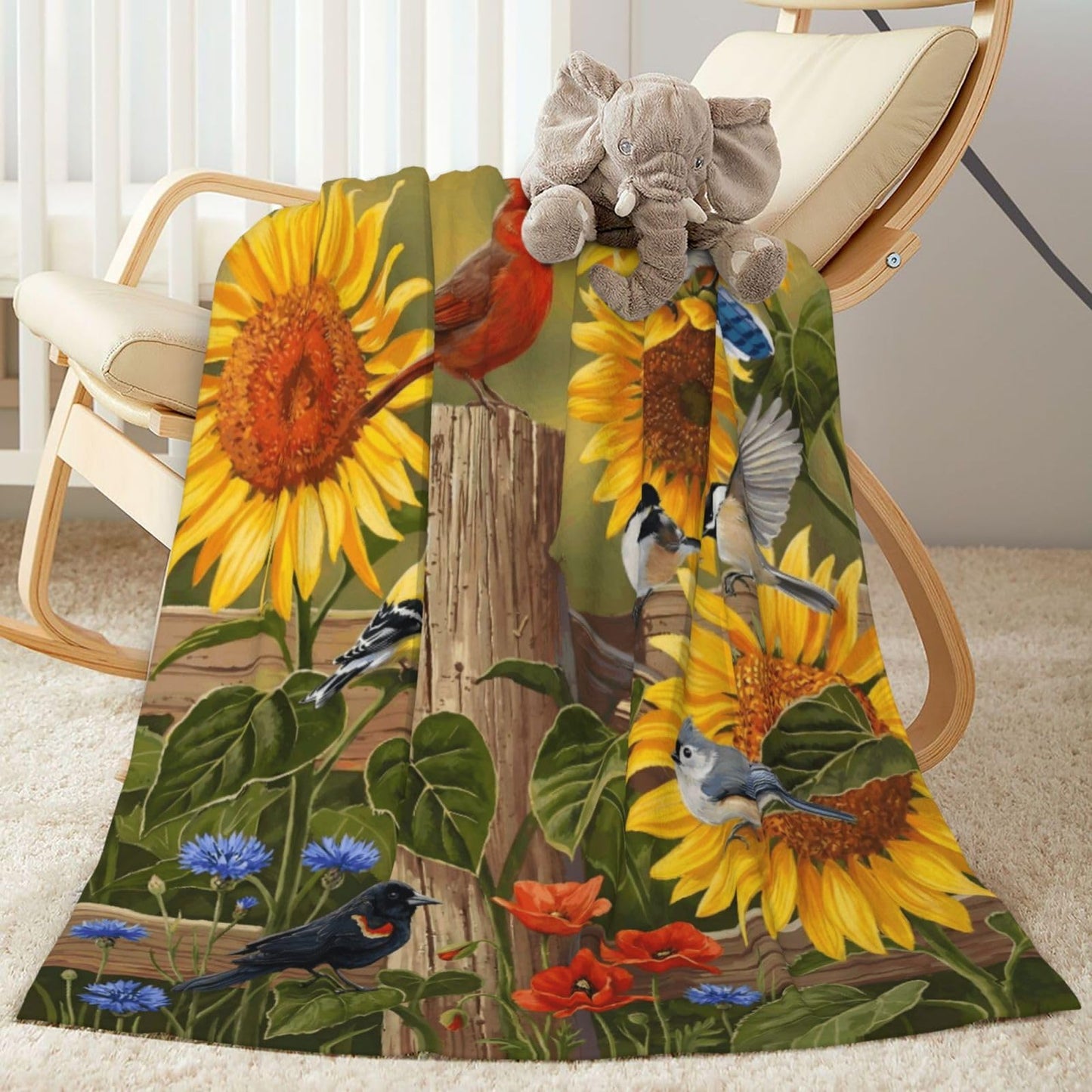Gbuzozie Rustic Flowers and Birds Fleece Blanket Lightweight Ultra-Soft Cardinal and Sunflowers Throw Blanket for Sofa Couch Bed Camping Travel - Super Soft Cozy Microfiber Blanket 50"X40"