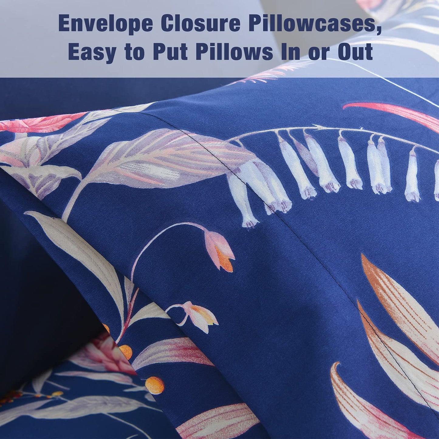 JSD Navy Floral Sheet Set King Size, 4 Piece Soft Printed Microfiber Sheets Extra Deep Pocket