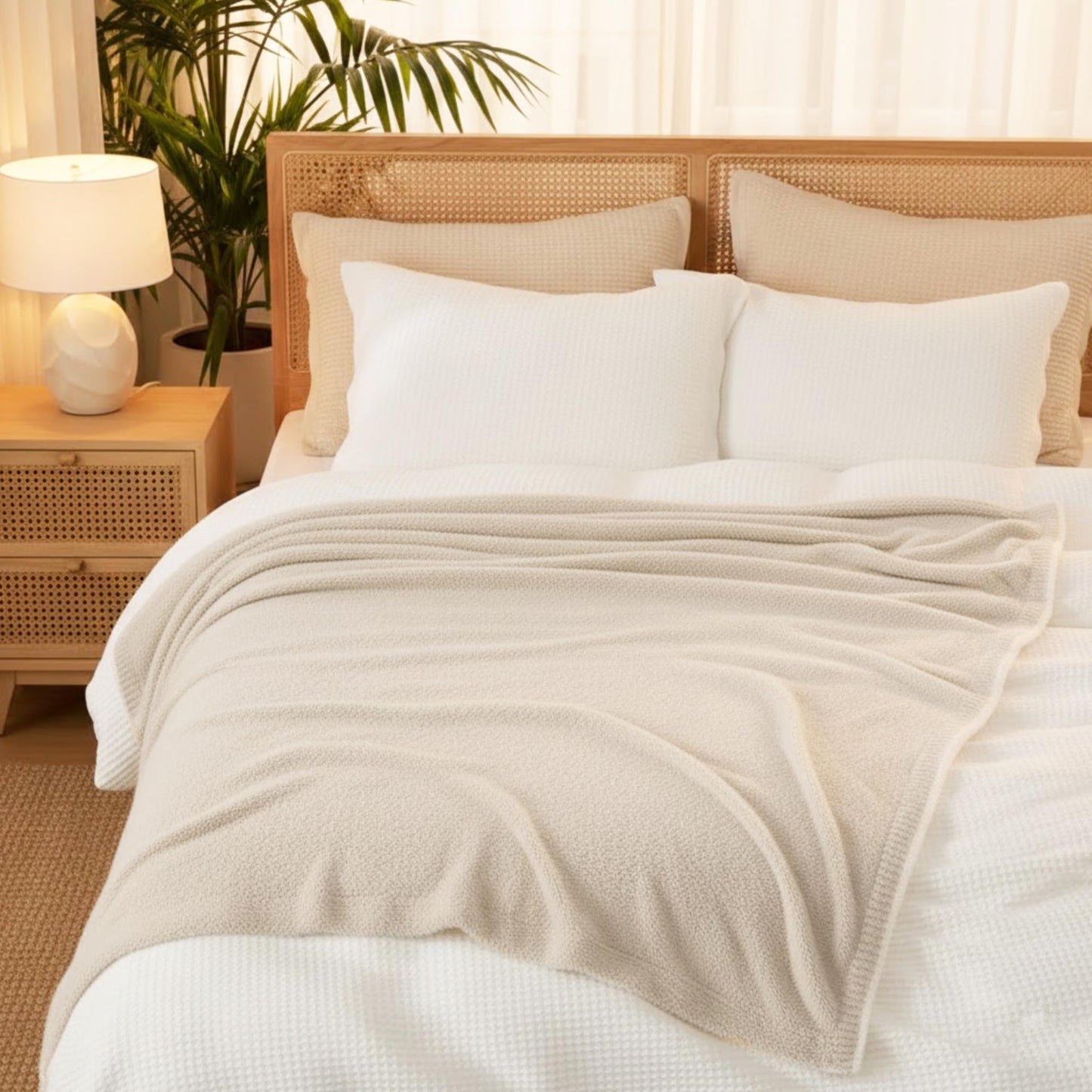 Contrast Trim Sand Stone & White Accent Tip Chic Throw Blanket Couch, Reversible Super Soft Knitted Blankets, Warm Knit Fuzzy Cozy Dreams Plush Lightweight Throws Dupes Sofa Bed 50" x 60"
