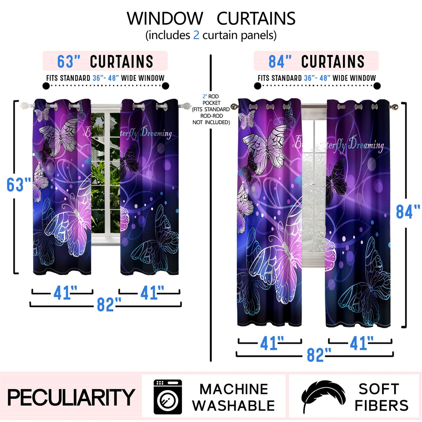Kossmjx Butterfly Window Curtain Panels Purple Blackout Girls Curtains for Bedroom 2 Panels Curtains 84 inch Length for Girls Bedroom Nursery Room, 82" x 84"