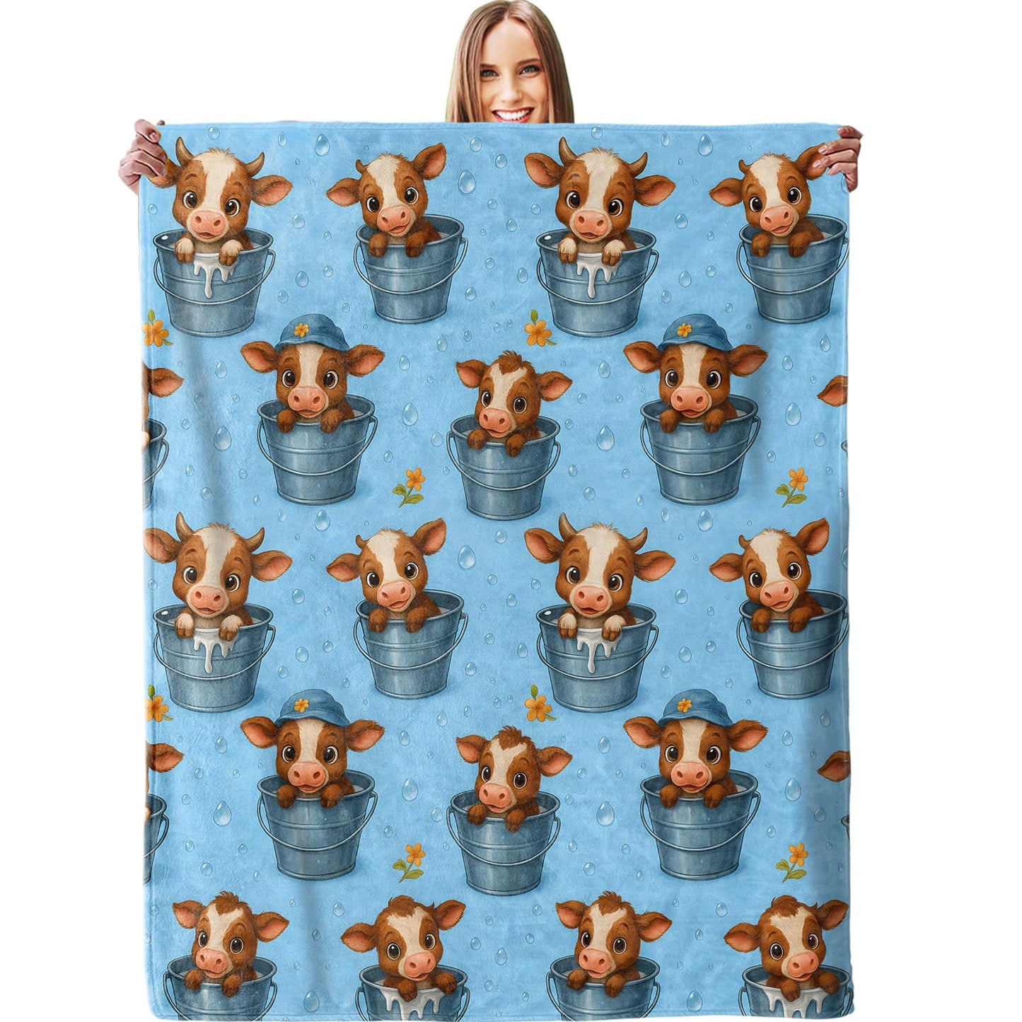Cute Calf Bucket Blanket, Plush Soft Lightweight Warm Cozy Flannel 60×50 inch Throw Blanket with Adorable Cow Farmhouse Print for Couch, Travel, Bed, Outdoor, Gifts for Boys Girls Women Adults Kids