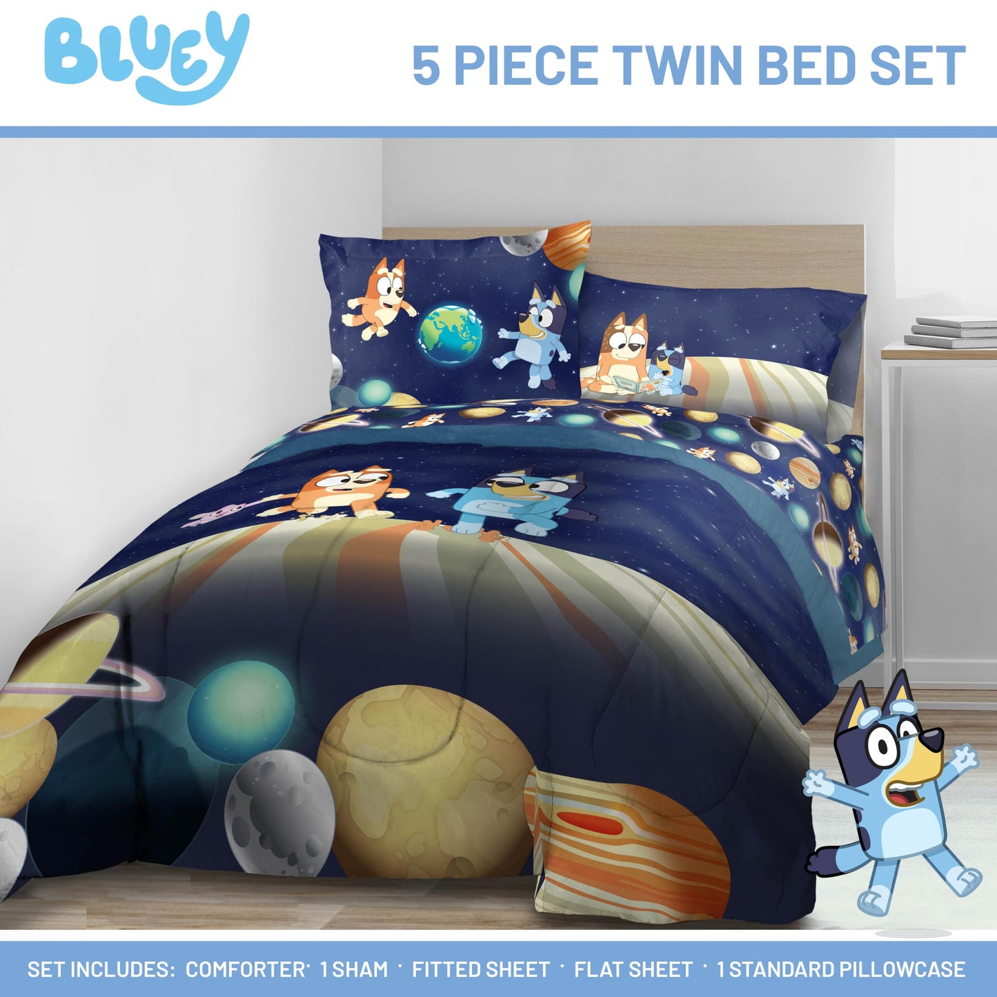 Jay Franco Kids Comforter Set Includes Sheets and Pillow Covers - Soft and Cozy Bed Set for Stylish Room Decor, Blue - Bluey & Bingo, 5 Piece Twin