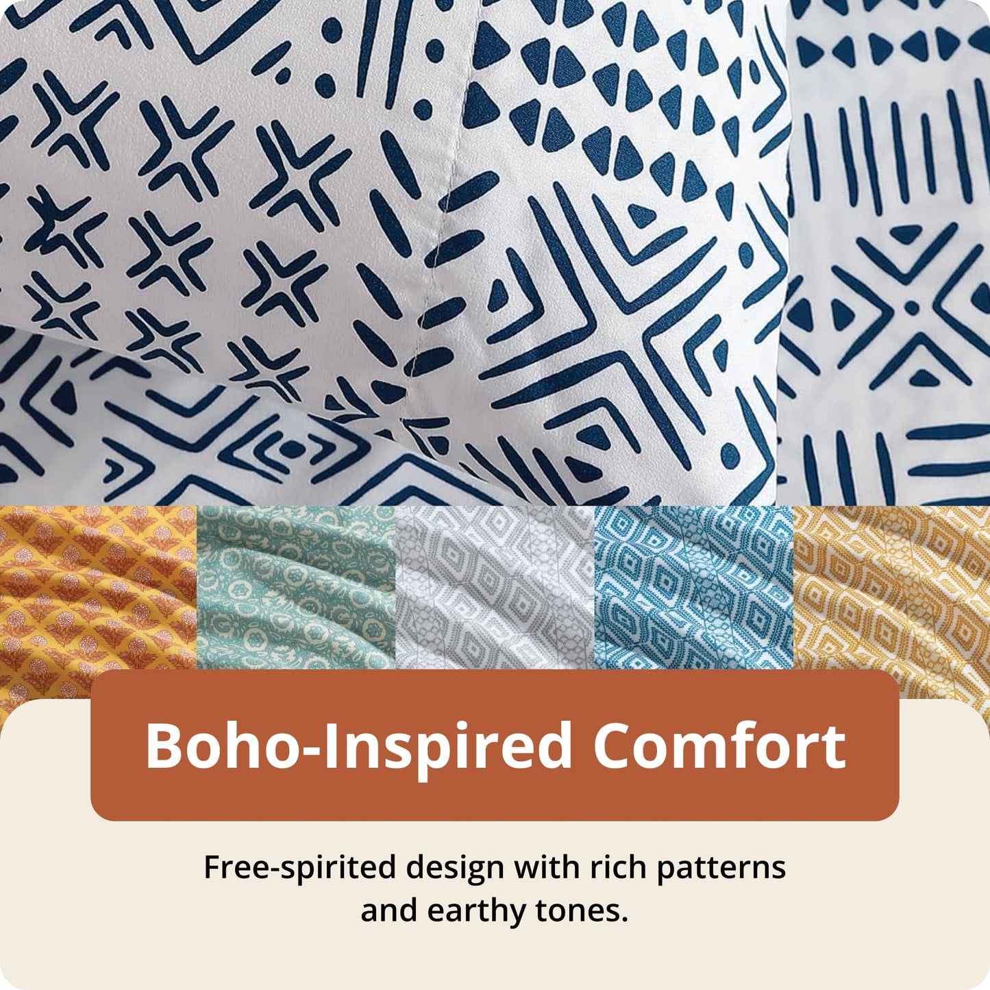 Indigo Ink Queen Size 4-Piece Sheet Set - Fitted & Flat Sheets & Pillowcases, Boho Pattern, Soft & Breathable, Durable & Wrinkle Resistant, Deep Pocket Sheets, White Denim Collection, Navy Blue