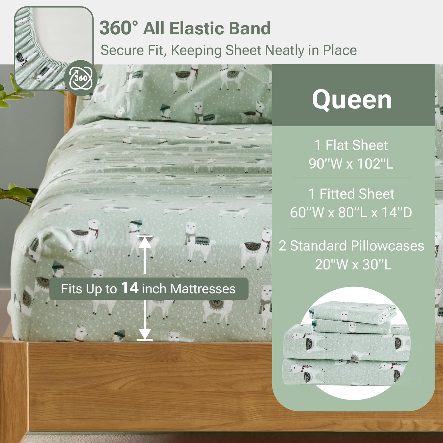 True North by Sleep Philosophy Flannel Sheets Queen Size, Cozy 100% Cotton Flannel Bed Sheets, Ultra Soft Cute Sheet Set, Novelty Print Themed Cold Weather Warm Bedding Set, Seafoam Llama 4 Piece