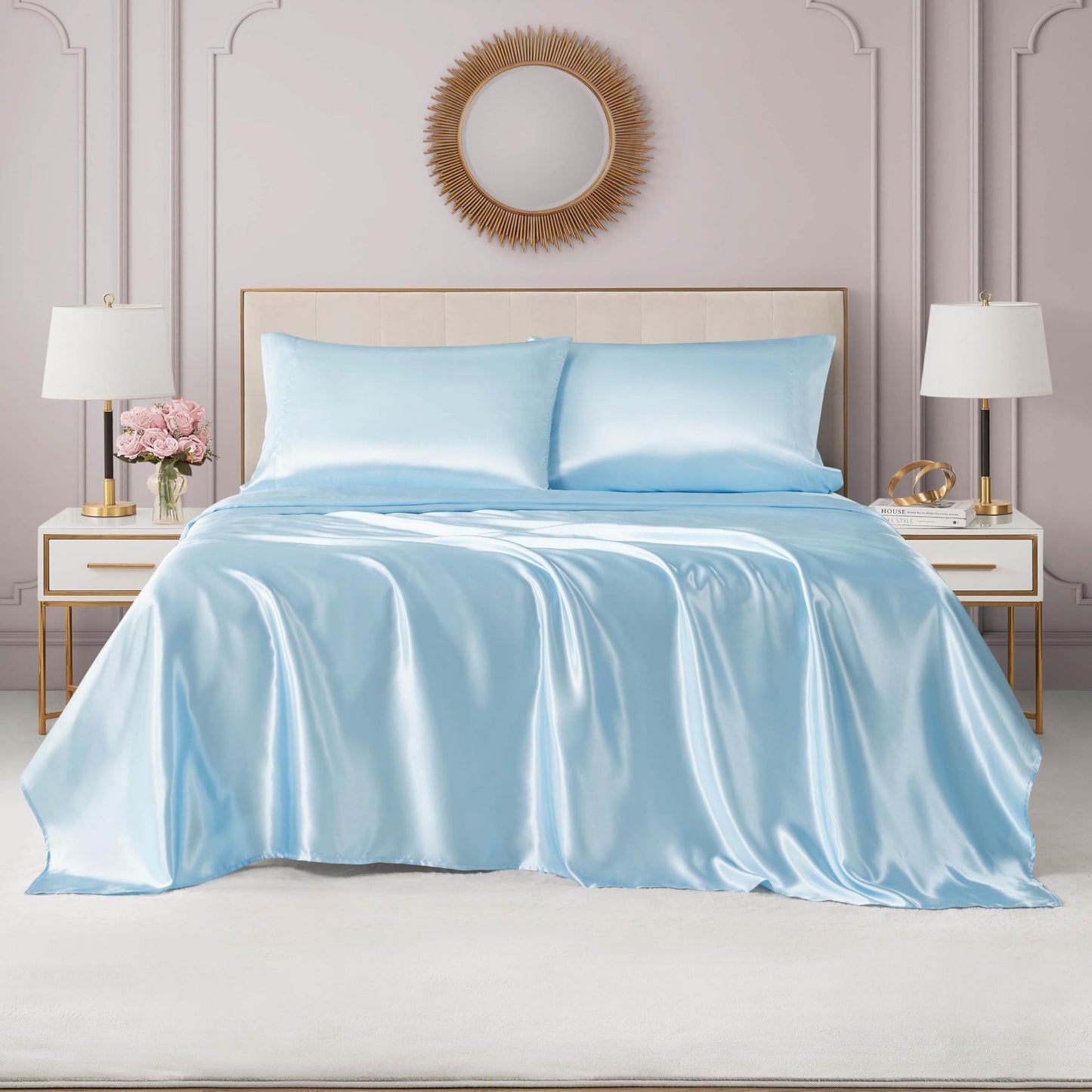 Juicy Couture Full Size Silky Satin Bed Sheet Set, Deep Pocket Satin Full Sheet Set with 1 Fitted Sheet, 1 Flat Sheet and 2 Pillowcases, Wrinkle Resistant & Anti Pilling Bed Sheets - Light Blue