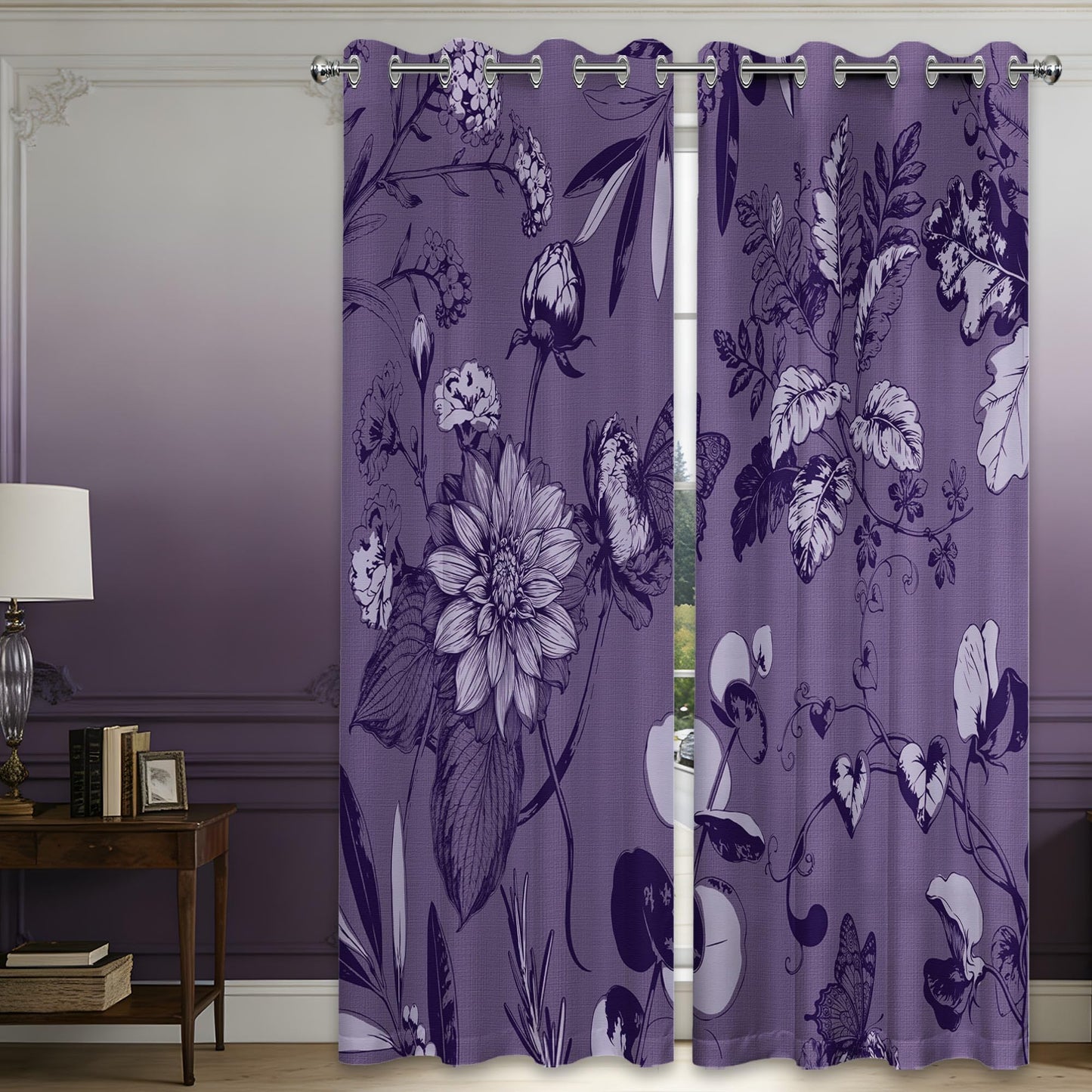 soeeao Dark Purple Vintage Botanical Blackout Curtains Patterned Purple Floral Window Drapes for Plum Bedroom Living Room, 84 inch Length 2 Panels Set, 52x84 inch