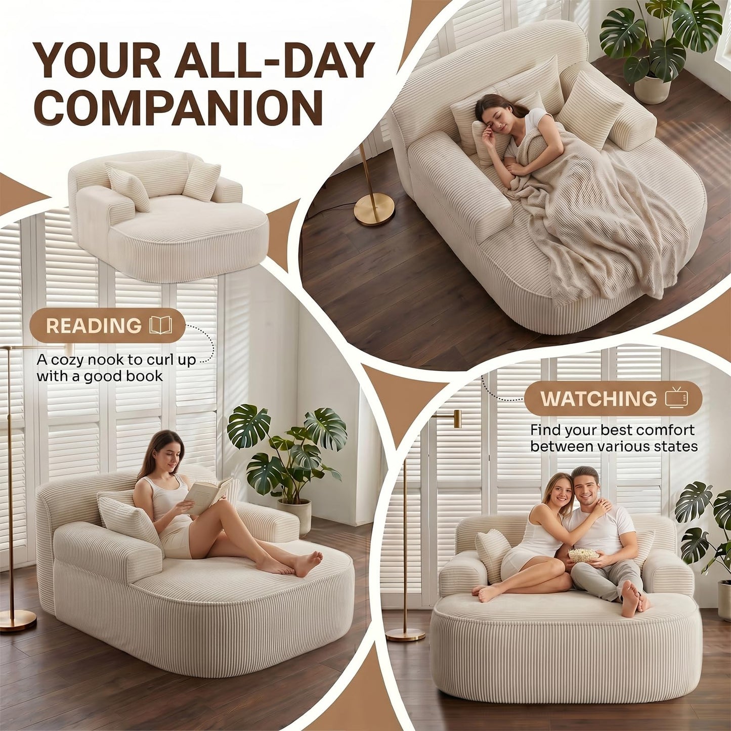 RJFFDDGZ Boneless Chaise Lounge Chair Indoor, Oversized Corduroy Foam Lounger with 3 Pillows, White