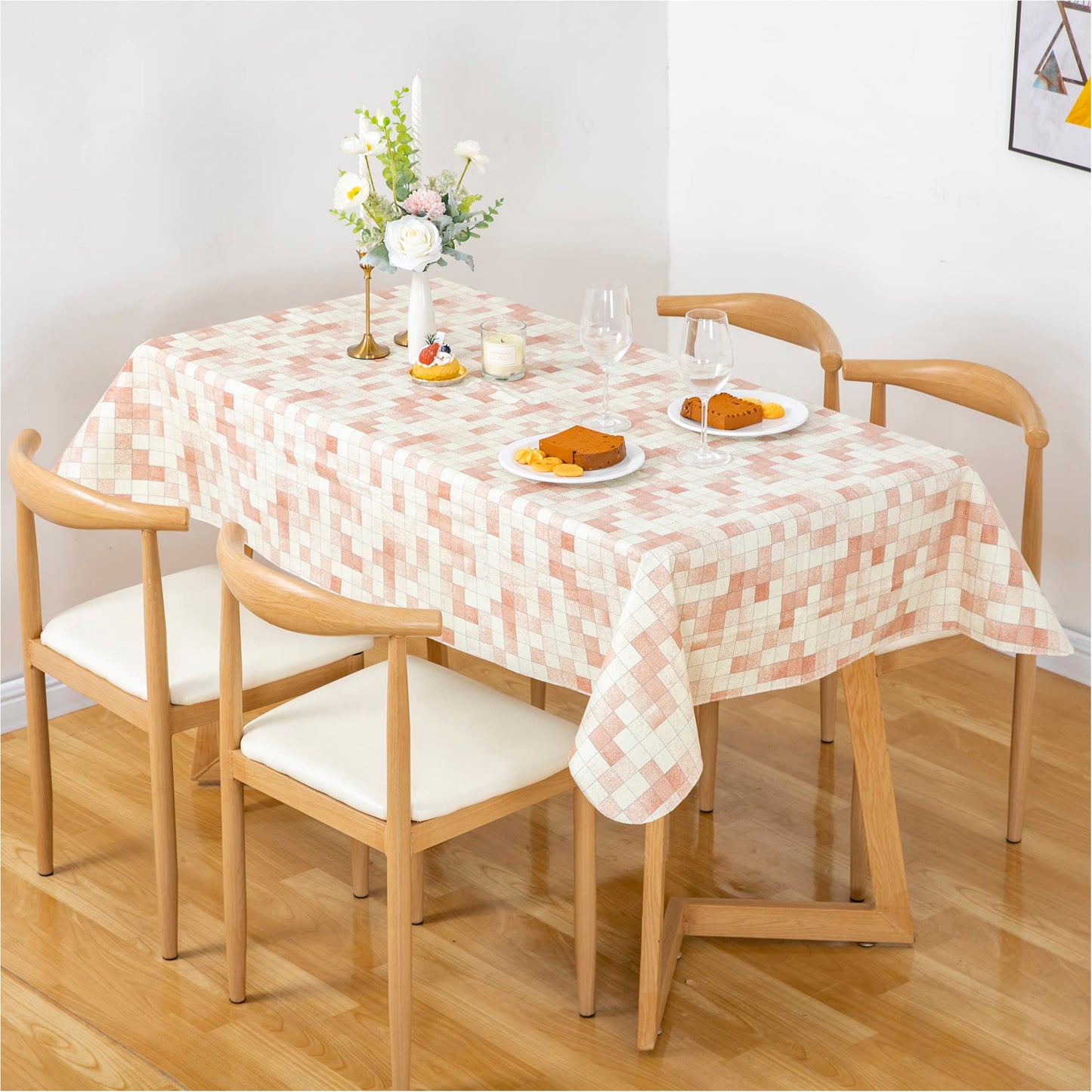FIFTY FEET 70X52 Inch Rectangle Tablecloth, Vinyl Tablecloth with Flannel Backing Waterproof Table Cloth, Spill Proof Picnic Table Cover for Outdoor/Indoor/Camping/Dining(Beige Plaid)