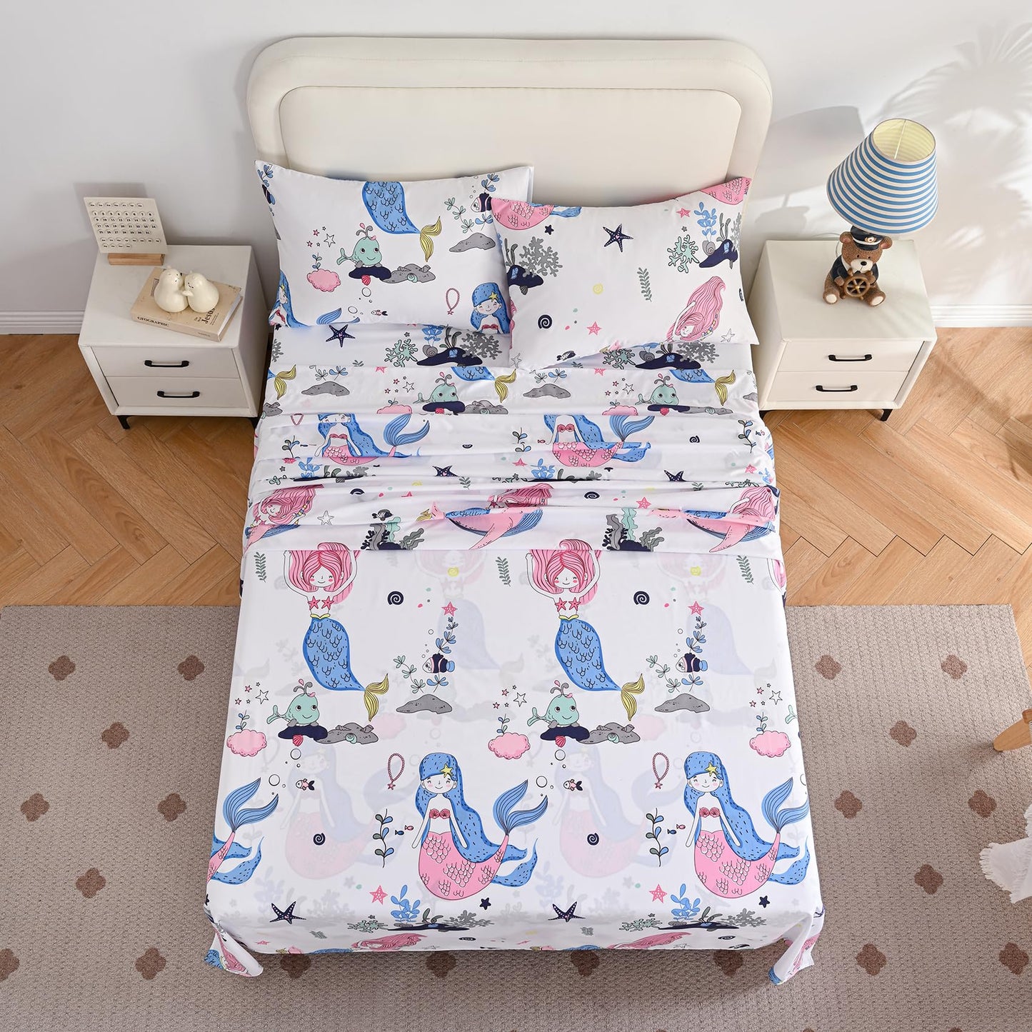 Yibeizi Mermaid Sheet Set for Girls Twin, Kids Cute Ocean Print Bedsheets Microfiber Deep Pocket Beach Patterned Bed Sheet & Pillowcase Sets 3 Pieces