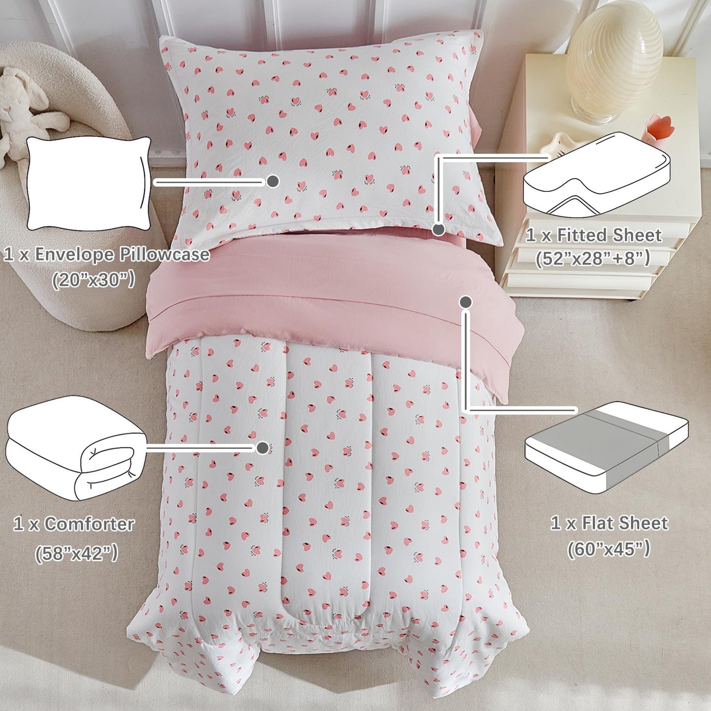 DuShow Toddler Bedding Set for Girls,4 Piece Bed-in-a-Bag Toddler Comforter Sets,Pink Heart Crib Bedding Sheets Set,Include Quilt Comforter,Flat Sheet,Fitted Sheet,Pillowcase