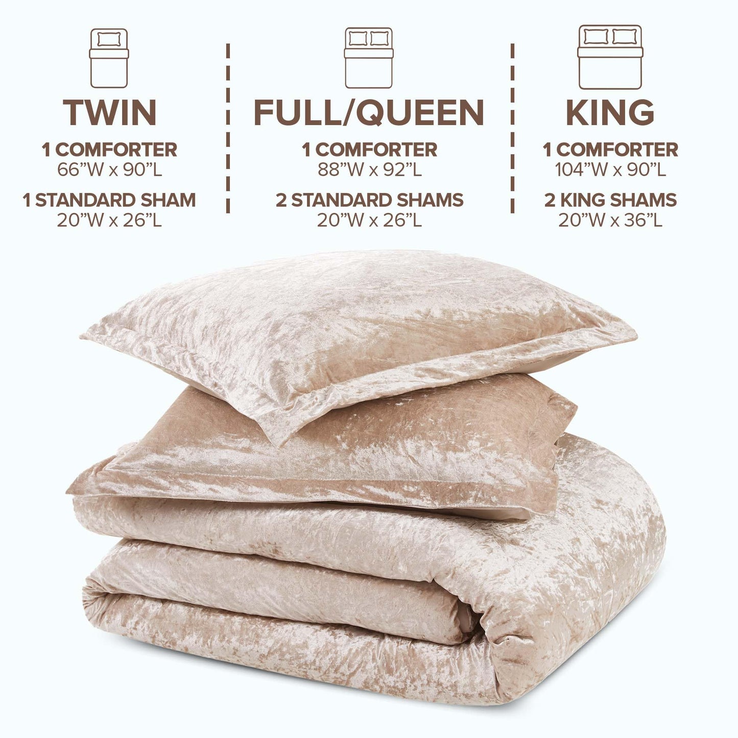 Comfort Spaces Luxe Queen Comforter Set Velvet Comforters for Queen Size Bed, Microfiber Reverse, Juliette, All Season Velvet Bedding Queen Size, Fluffy Bed Set, Sham, Full/Queen, Champagne 3 Piece