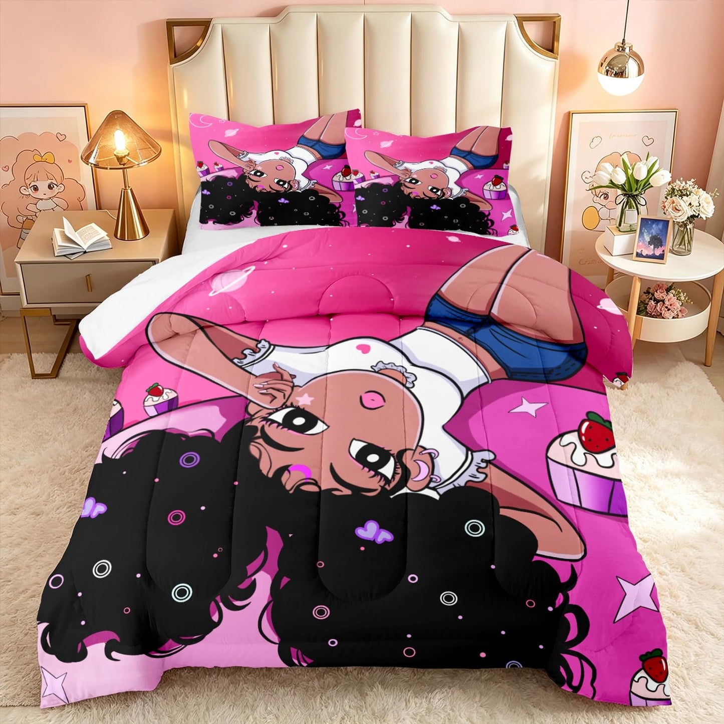 FJKJHKGJ African American Comforter Sets for Girls, Black Girls Kids Comforter Sets 2 Piece Pink Twin Size Bedding with 1 Pillowcase