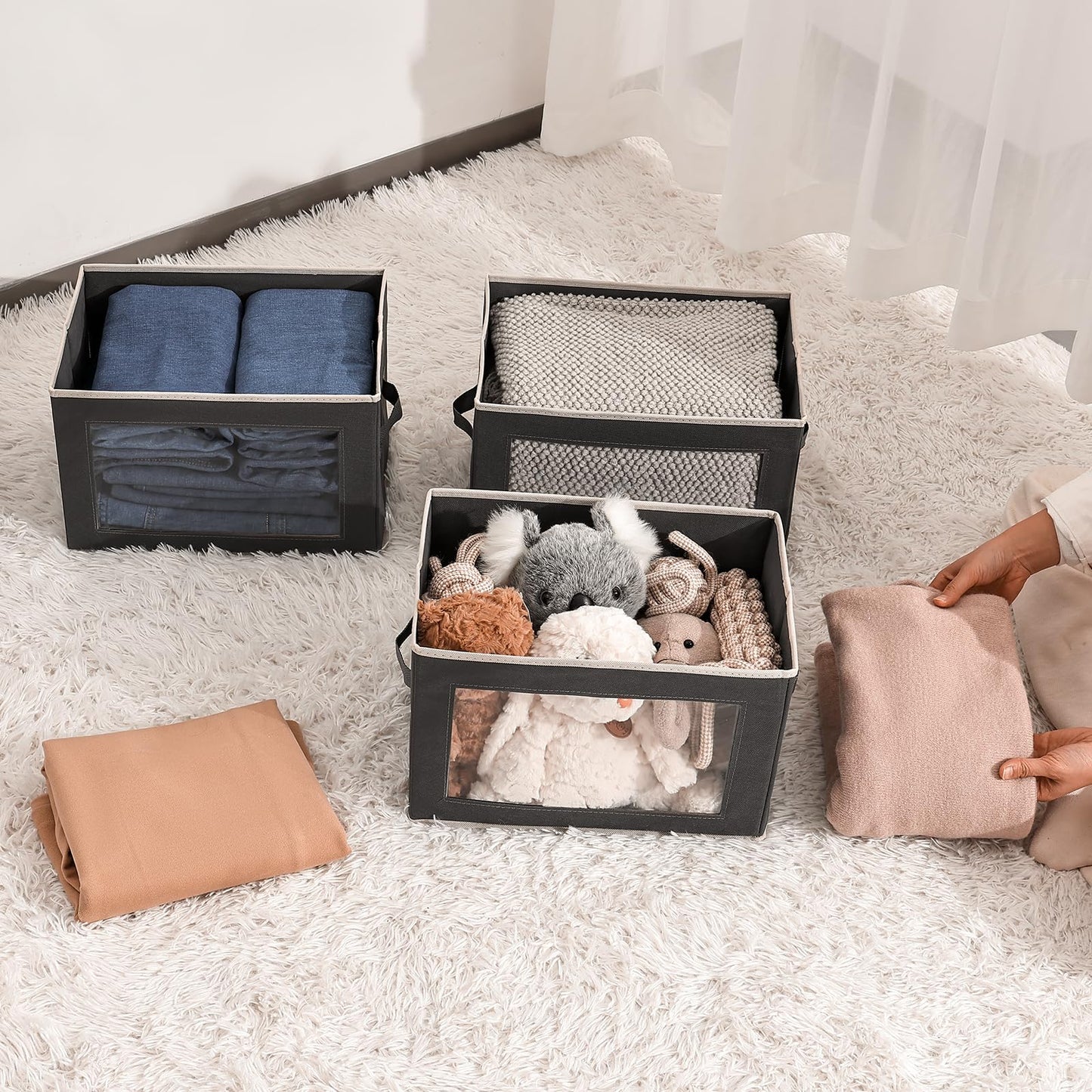 Homsorout Storage Bins with Lids - Fabric Storage Boxe with Window, Collapsible Closet Organizers with Handles, 3 Pack Decorative Bin, Home Cubes Baskets for Clothes, Hat, Books, Dark Grey
