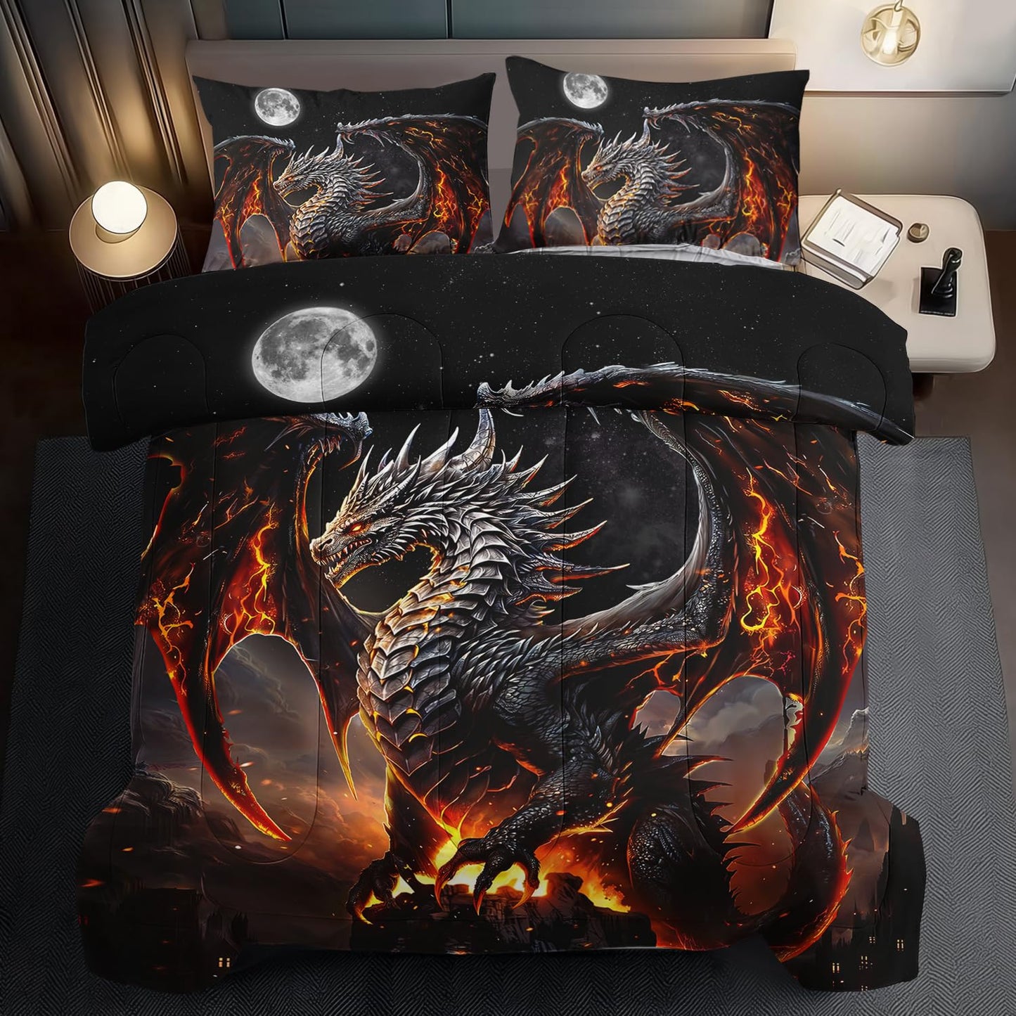 llyxsesty Black Dragon Comforter Set King Adult,Flame Dragon Bedding Set for Boys,Magical Beast Bedding Fantasy Animal Comforter Beedroom Decor,Magical Beast Quilt Bed Decor