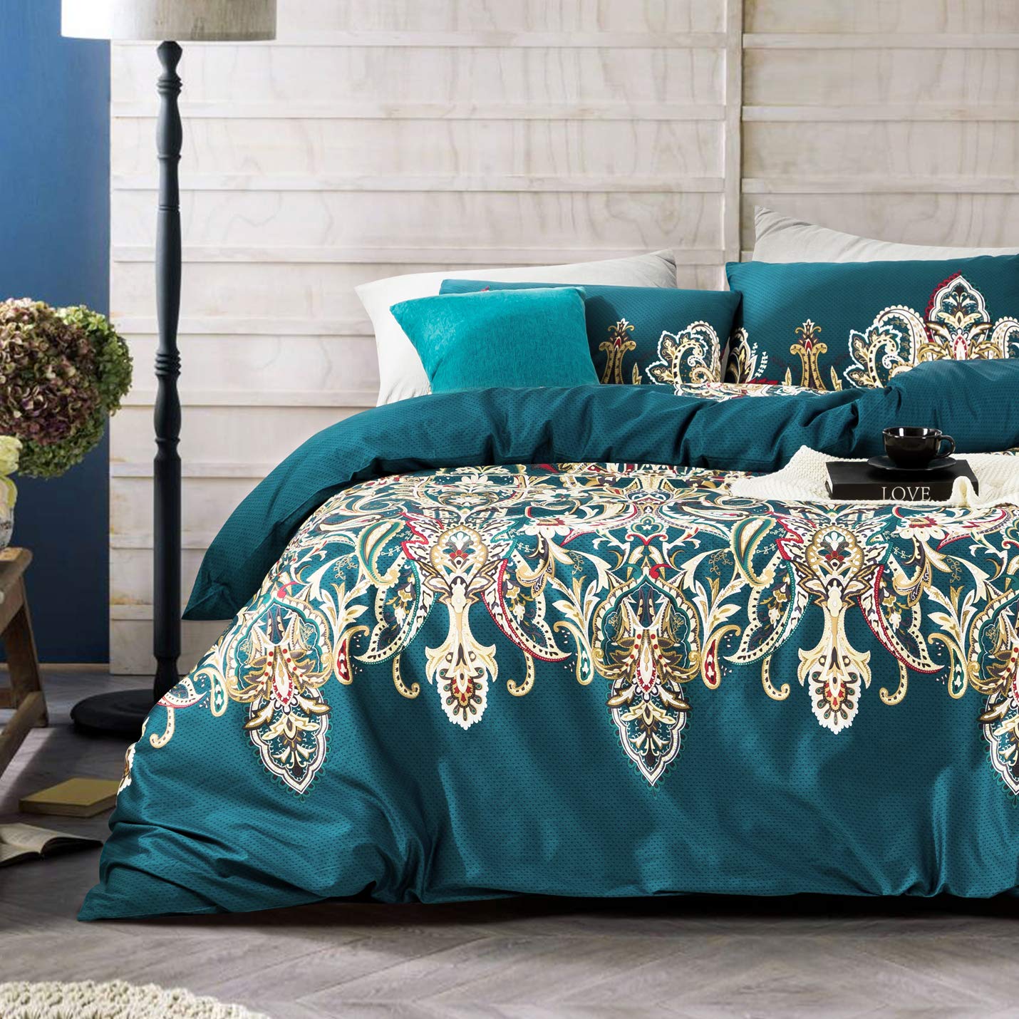 YuHeGuoJi Teal Paisley Duvet Cover King 100% Egyptian Cotton 3 Pcs Set 1 Beige Damask Duvet Cover with Zipper Ties 2 Pillowcases European Vintage Boho Damask Pattern Bedding Set Soft
