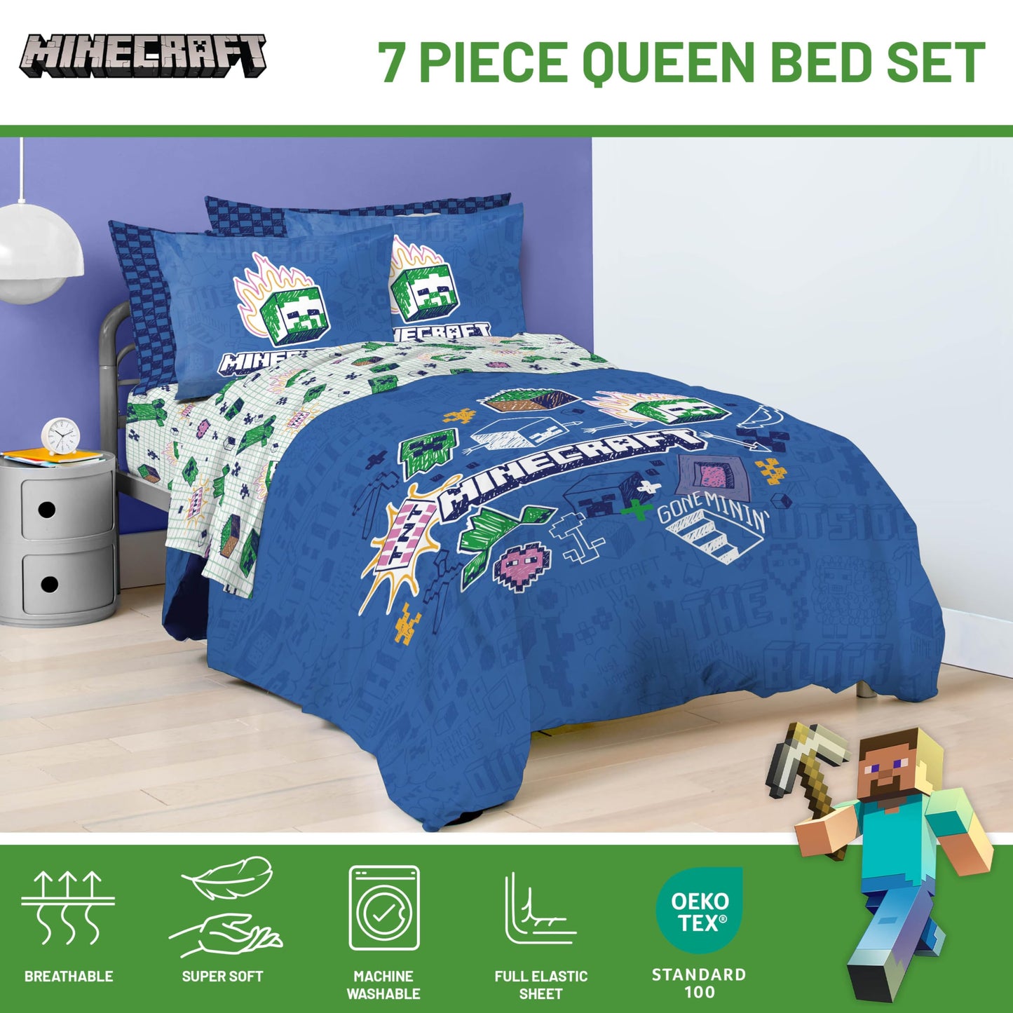 Jay Franco Kids Comforter Set Includes Sheets and Pillow Covers - Soft and Cozy Bed Set for Stylish Room Decor, Blue - Minecraft 02, 7 Piece Queen Bedding