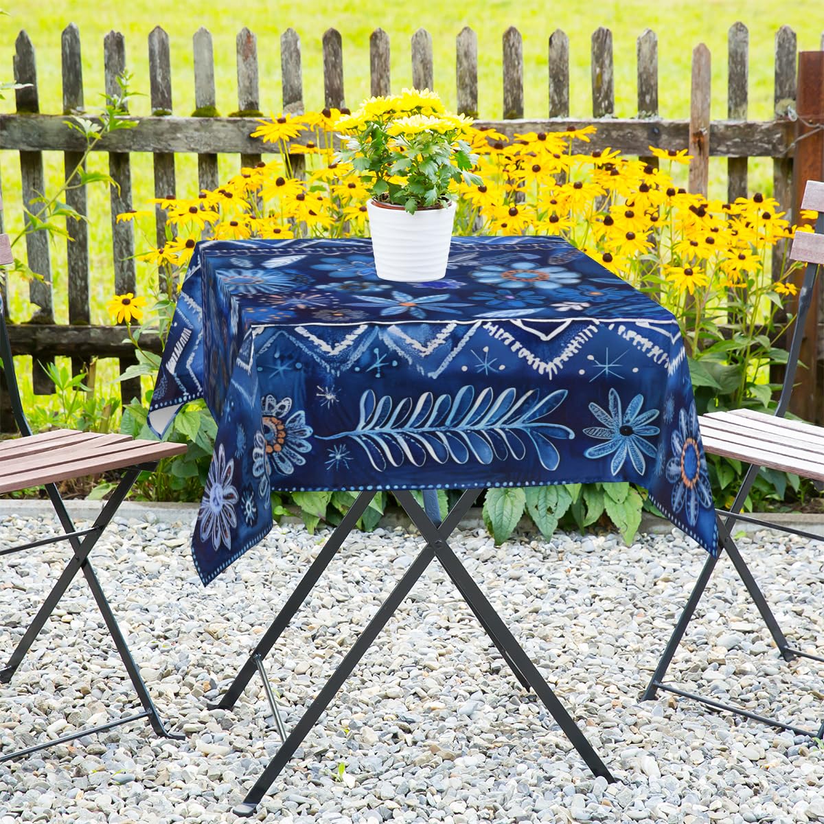 LCLJJDMBM Square Vinyl Stain-Resistant Tablecloth with Tribe,Waterproof Oil-Proof Wipeable Table-Cover,Party Picnic Dinner Decor BBQ 52'' Decorative Pattern Blue Flower