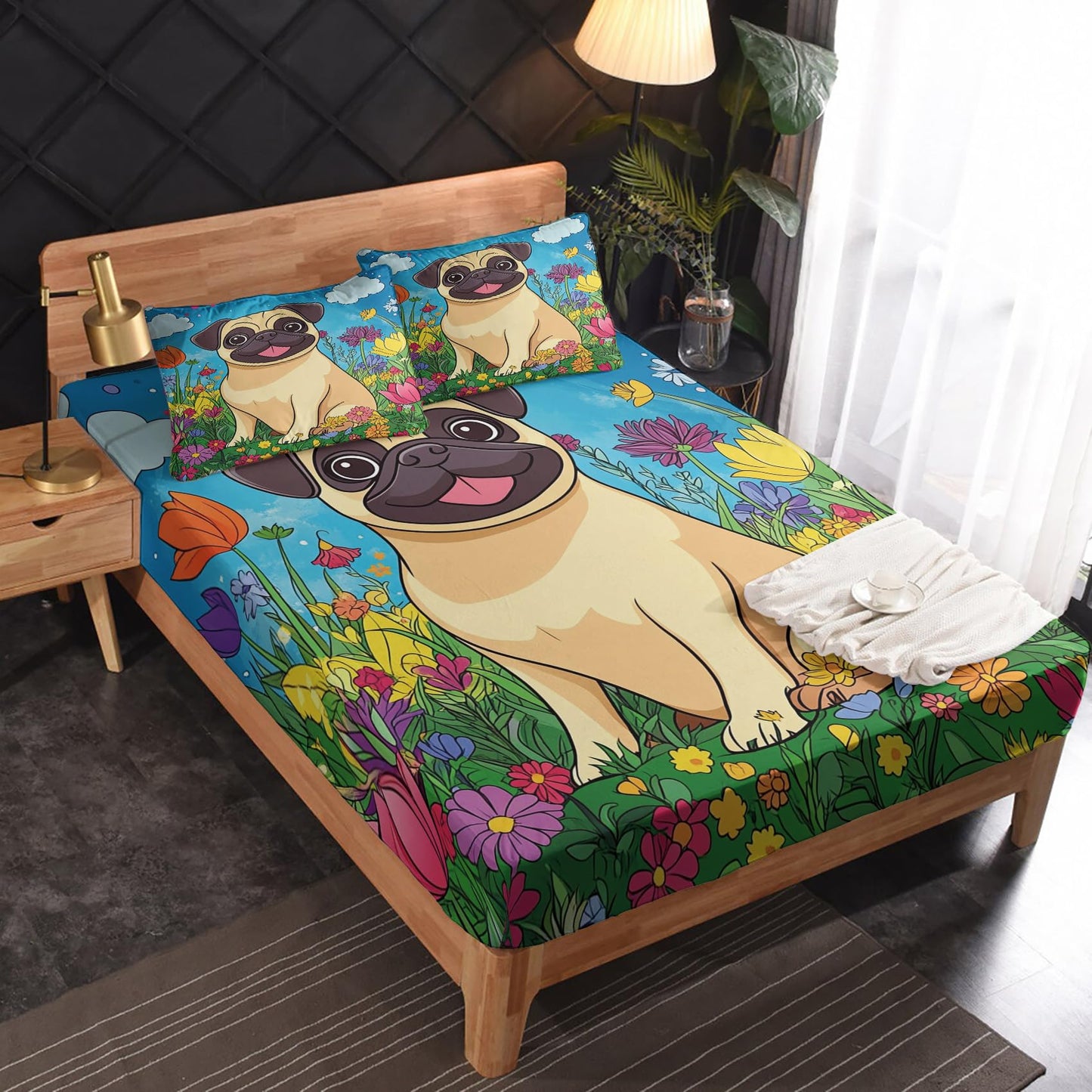 Rejkxyw King Size Sheets Set Cartoon French Bulldog - Puppy Dog Bed Sheets - Kids Boys Girls Sheet Set - 12 Inch Deep Pocket - Ultra Soft Winkle Free Microfiber Bedding Sheets & Pillowcases 4 Piece