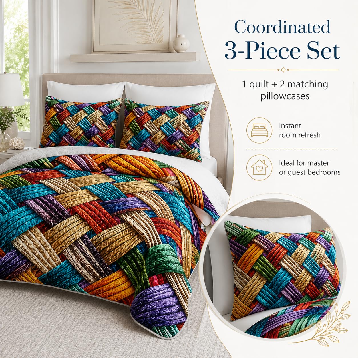 AILONEN 3-Piece Colorful Soft Quilt Set King Size, Gradient Abstract Art Boho Quilted Bedspread Coverlet,All Season Quilt,2 Pillowcases