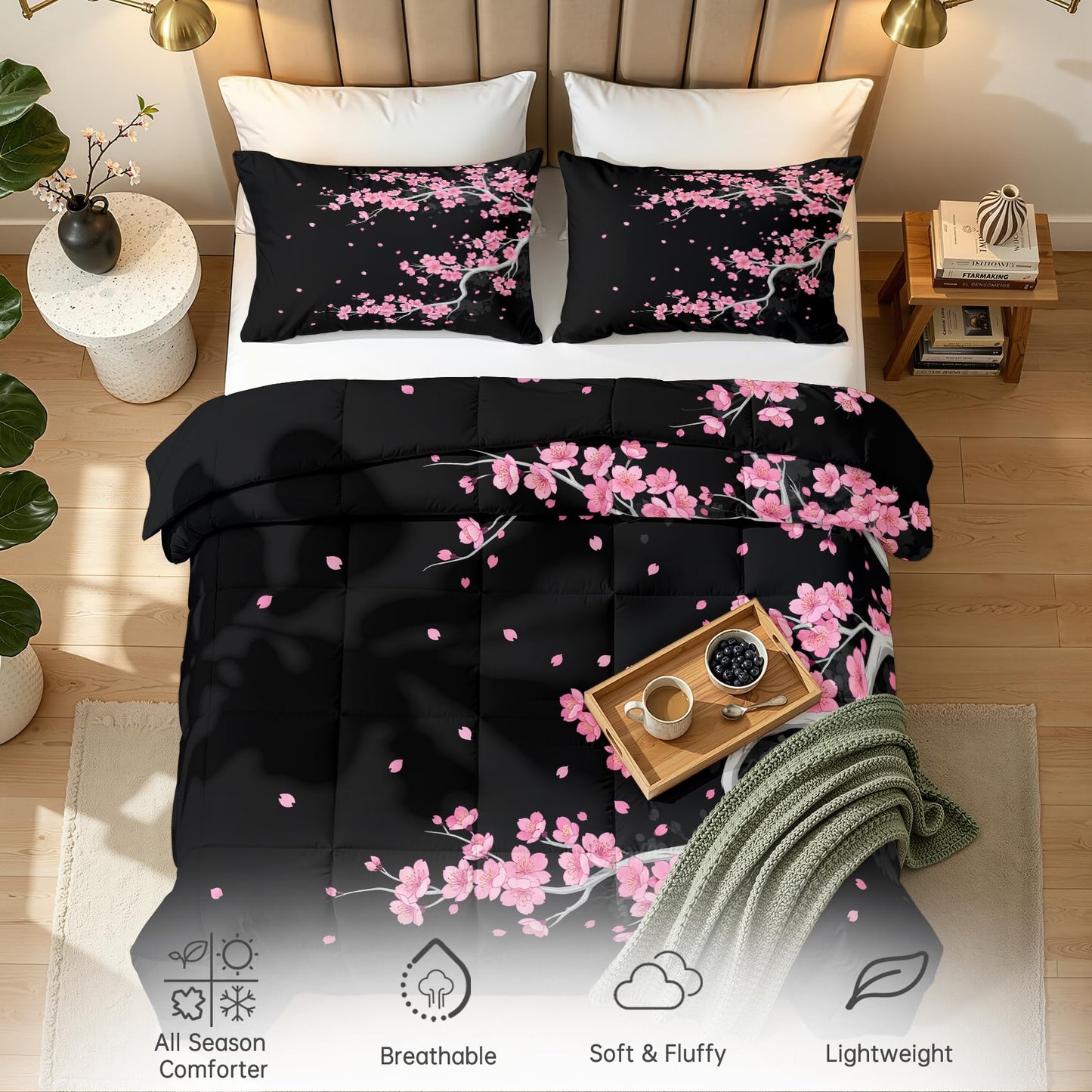 Japanese Cherry Blossom Comforter Set Twin Size 2 Pcs - All Season Comforter & Pillowcase, Asian Bedding Set, Soft Lightweight Down Alternative Duvet Insert, Pink and Black Bedroom Decor