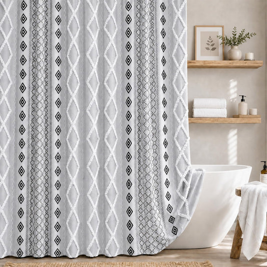 Accnicc Boho Fabric Shower Curtain with Metal Hooks, 3D Tufted Striped Modern Farmhouse Grey White Cloth Shower Curtains for Bathroom, Minimalist Geometric Textured Bath Curtain Decor 72 x 72 Inch