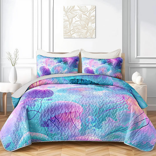 AILONEN Full Quilted Comforter 3-Piece Set Magenta Jellyfish Bedspread Coverlet 2 Pillowcases Soft Cyan Marine Bedding for Teens Guest Apartment Underwater Ethereal Aquatic Sea Glow