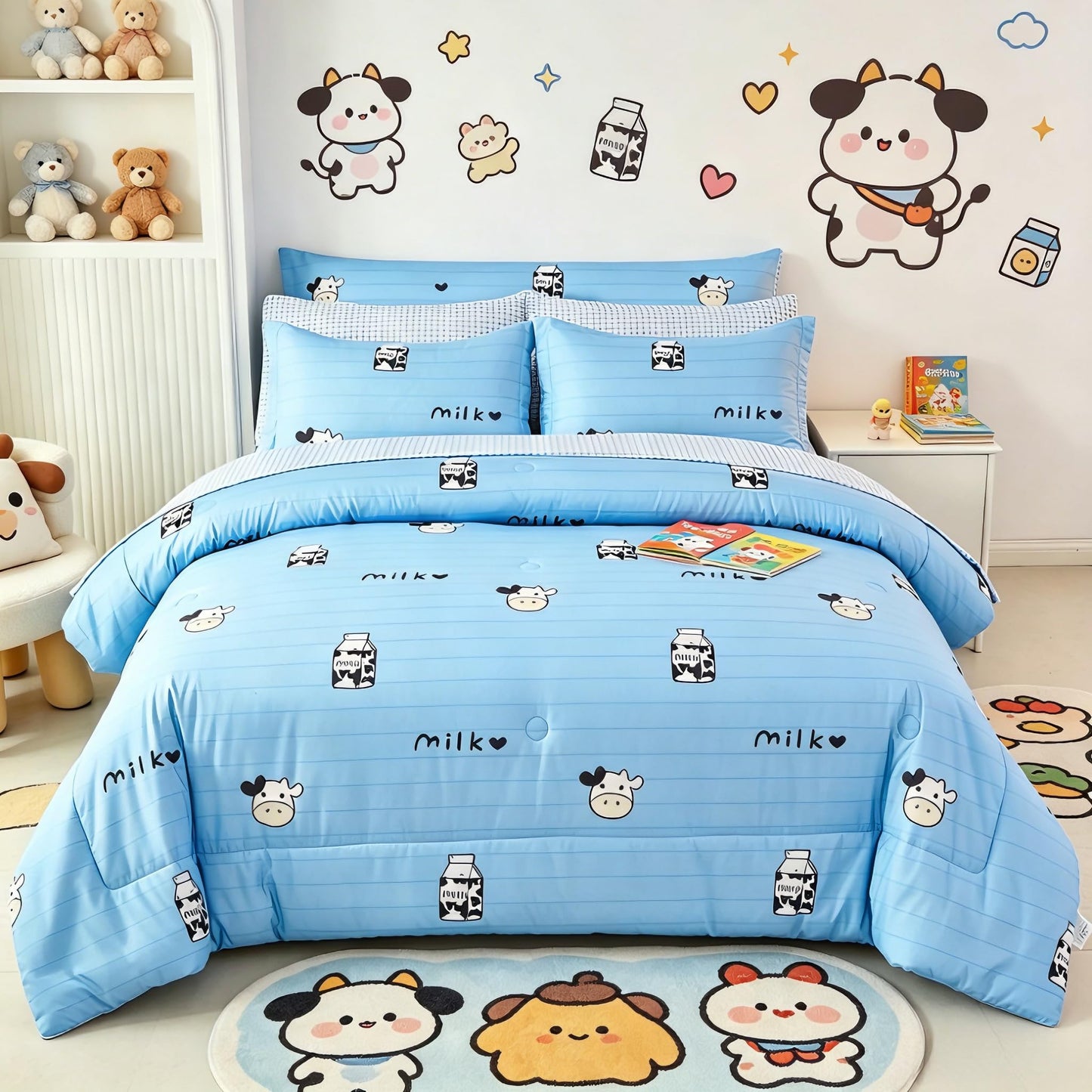 SUCSES 8 Pieces Blue Full Size Comforter Set Striped Western Kids Bedding Sets for Boys Girls Milk Cow Print Bed in A Bag with Comforter and Sheets (Blue, Full)