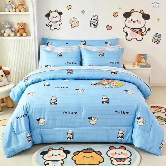 SUCSES 8 Pieces Blue Full Size Comforter Set Striped Western Kids Bedding Sets for Boys Girls Milk Cow Print Bed in A Bag with Comforter and Sheets (Blue, Full)