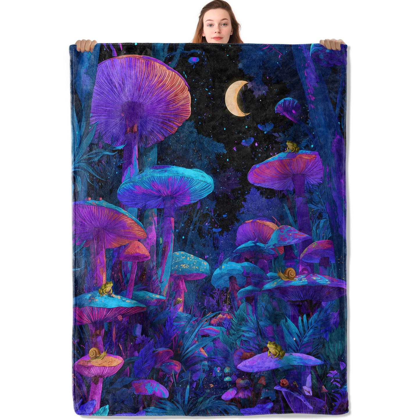 YCUFN Vibrant Mushroom Forest Flannel Blanket 50"x60" Mystical Night Sky Moon and Frog Lightweight Throw Blankets Birthday for Nature Lovers Office Bedroom Sofa Travel Home Decorate