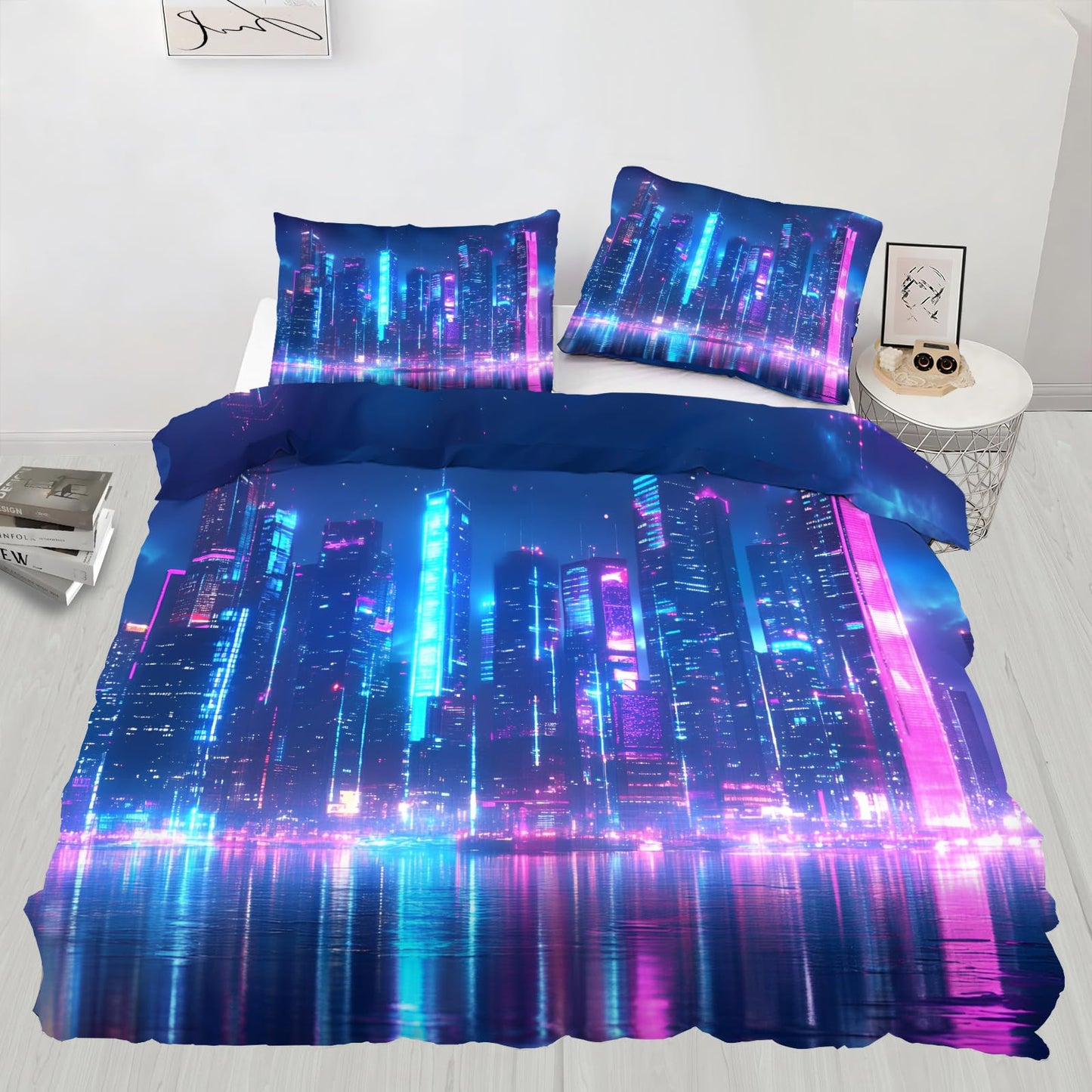 PAISUOQ Cityscape Duvet Cover King, Neon City Comforter Cover with Zipper Ties, Sci-Fi Futuristic Bedding Set, 3 Pieces with 2 Pillow Cases, Home Decor & Gifts