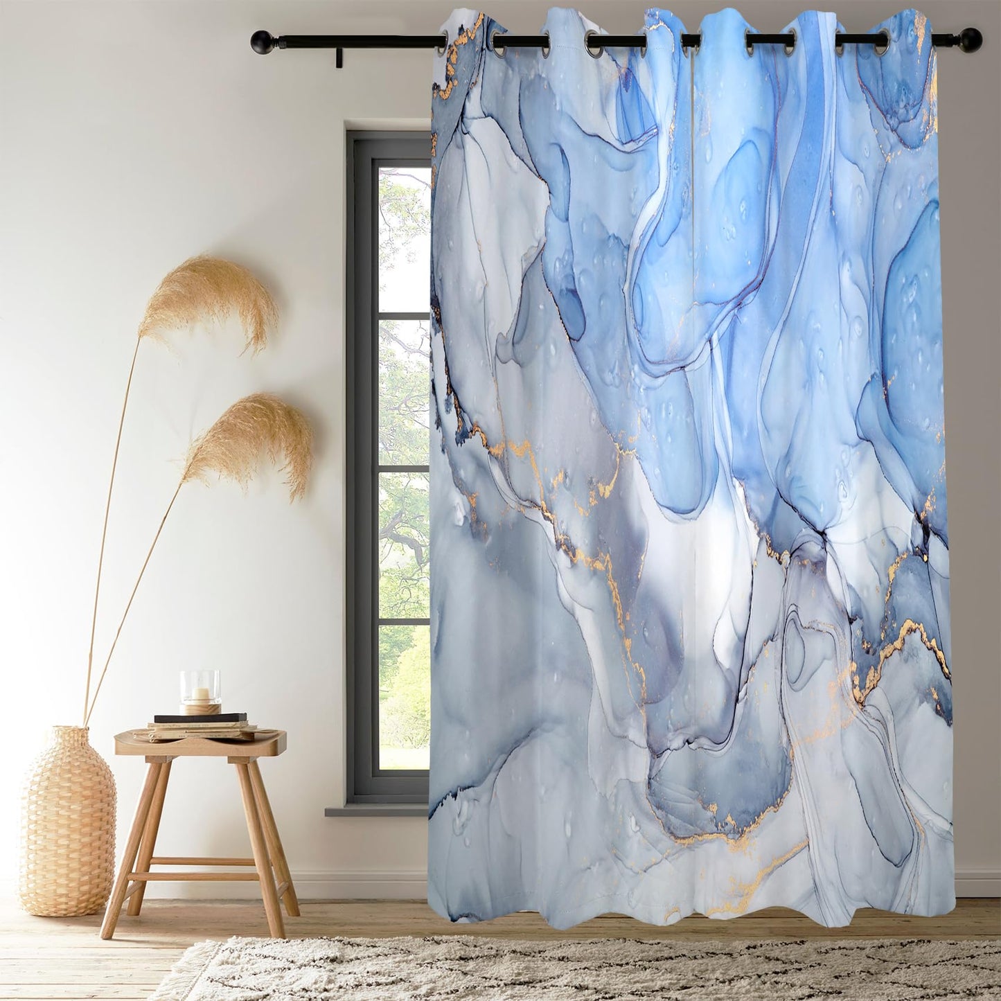 Renaiss Blue Marble Blackout Curtains, Light Blue Liquid Art Thermal Insulated Bedroom Window Curtains, Modern Luxury Marble Texture Window Drapes for Living Room, 42W x 84L 2 Panels Set