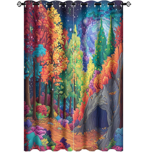 TOWINSFB Autumn Maple Leaves Blackout Curtains, Tree Leaf Forest Star Moon Grommet Thermal Insulated Curtains Window Drapes for Bedroom Living Room, 2 Panels, Each 21W x 63L