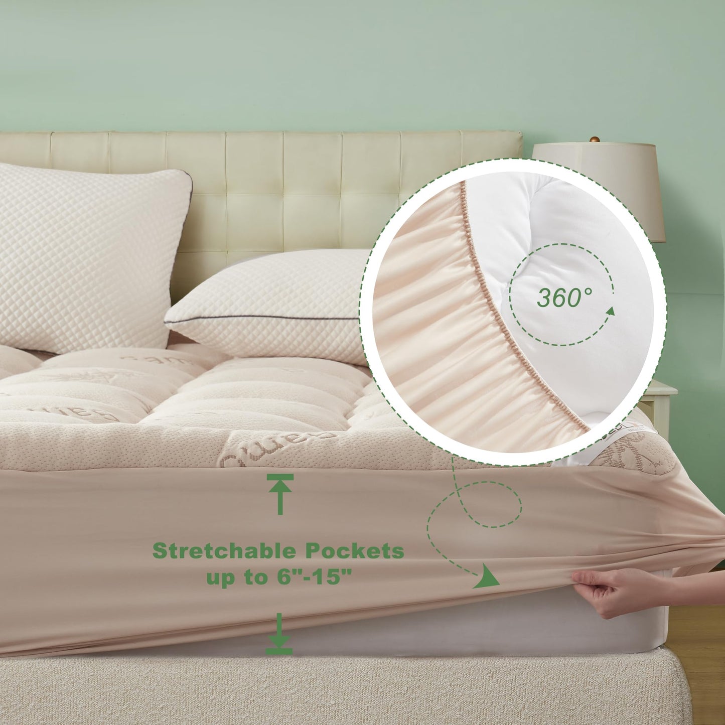 BEDLORE Full Size Mattress Topper Viscose Derived from Bamboo, Thick Pillow Top Mattress Pad with Stretchable Pockets for 6"-15" Mattress, Breathable Mattress Topper for Back Pain Relief(Beige)