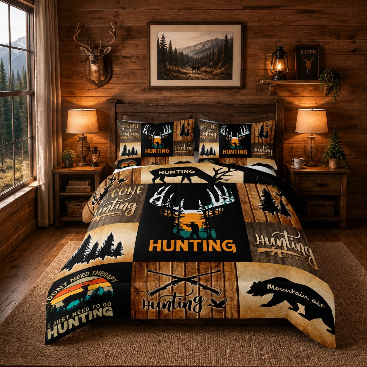 Nttopship Deer Moose Hunting Comforter Set Twin,Bear Hunting Bedding Set 3 Piece for Girls Women Teens Adult Kids Boys,Rustic Bear Comforter Set 3pcs Wildlife Hunting Room Decor with 2 Pillowcases