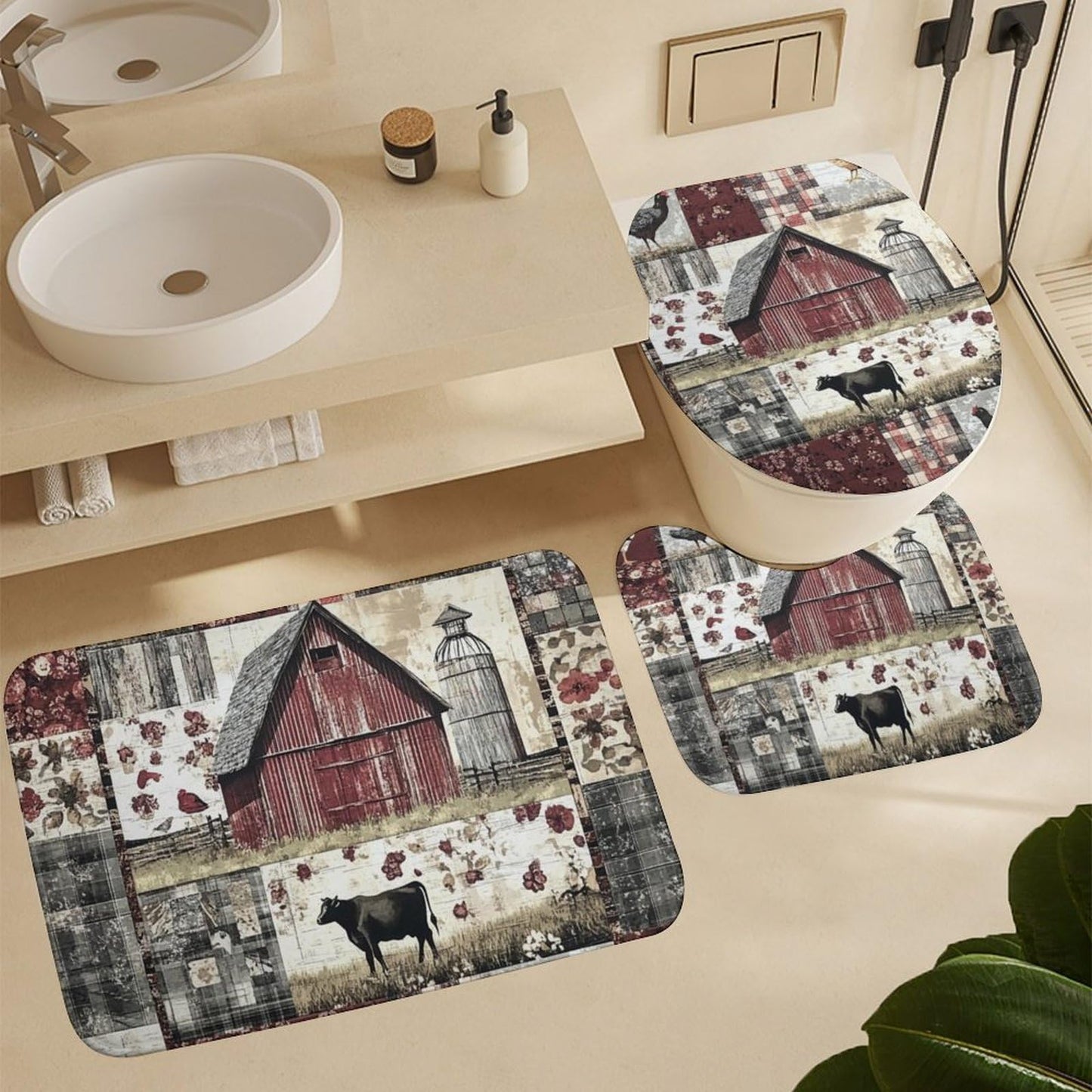 HDESDIS 4Pcs Barn Cabin Patchwork Shower Curtain Sets with Rugs, Toilet Lid Cover and Bath Mat, Farm Cow Chicken Rustic Bathroom Shower Curtains Set with 12 Hooks