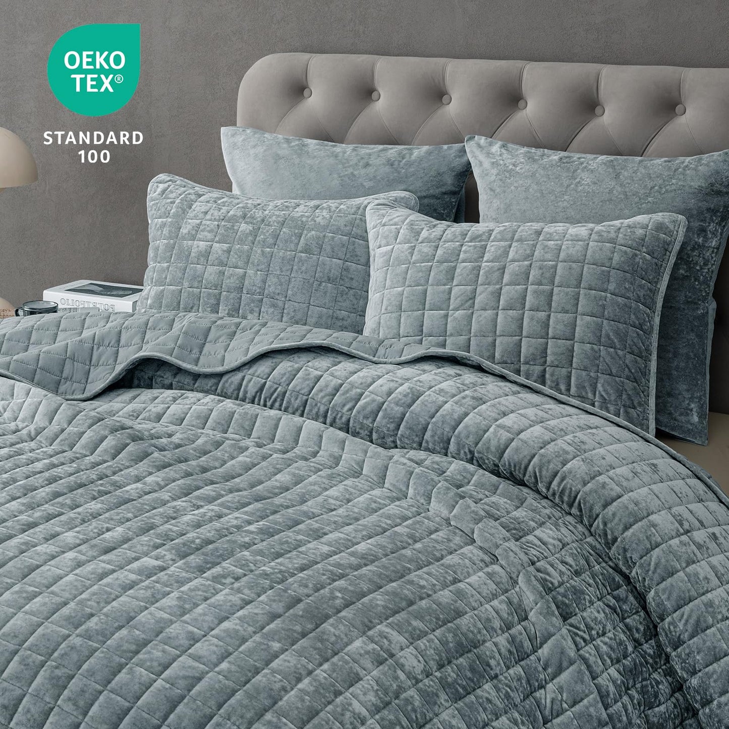 PHF Luxurious Velvet Quilt Set Queen Size – 3PCS Super Soft Quilted Comforter Alternative with Square-Box Quilt Pattern, Warm Quilted Bedspread Coverlet, 90" x 92", Dusty Blue