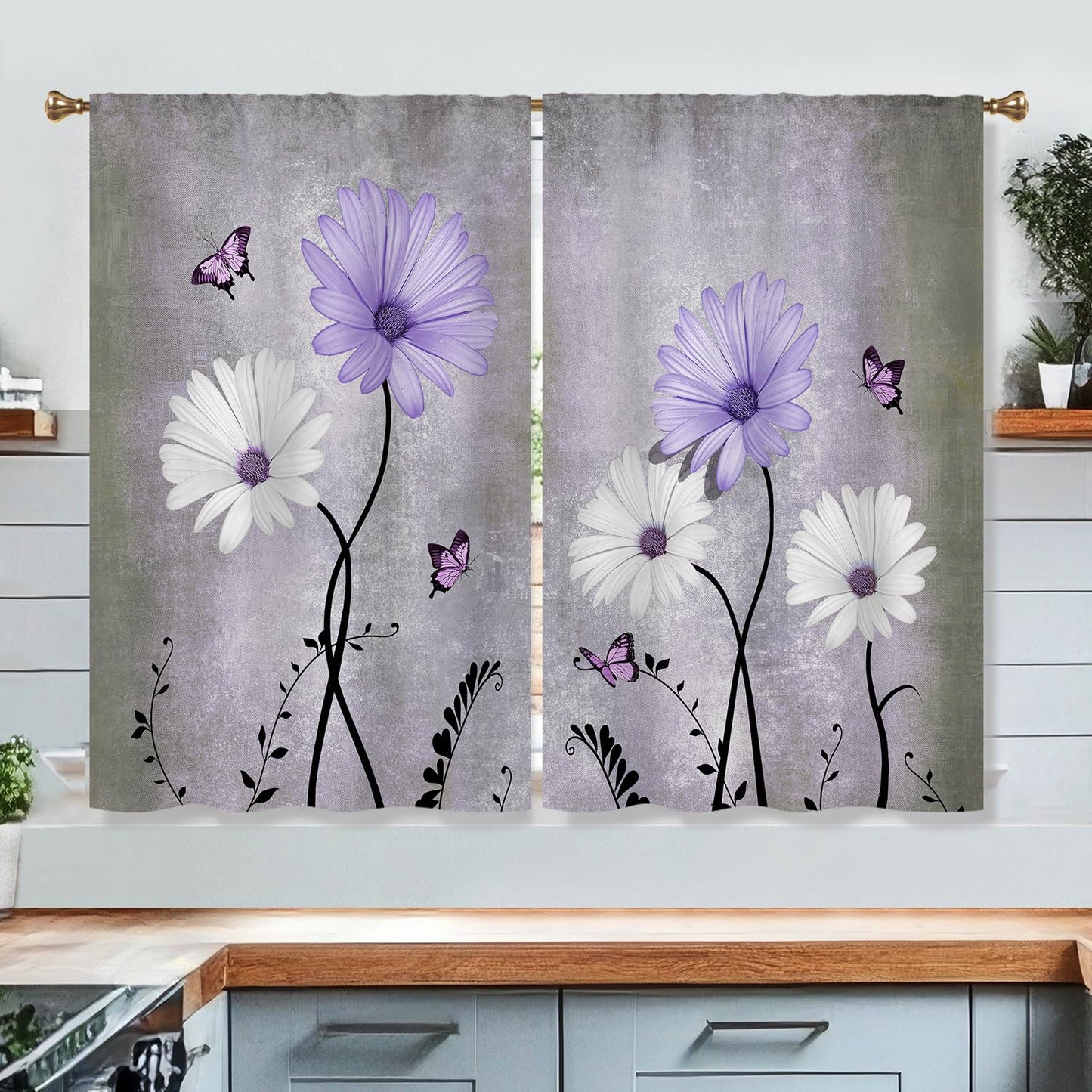 Cizuug Purple Daisy Rustic Farmhouse Kitchen Curtains Watercolor Floral Flower Small Short Cafe Window Curtains Butterfly Country Bathroom Drapes Treatment Tier Curtains 2 Panels