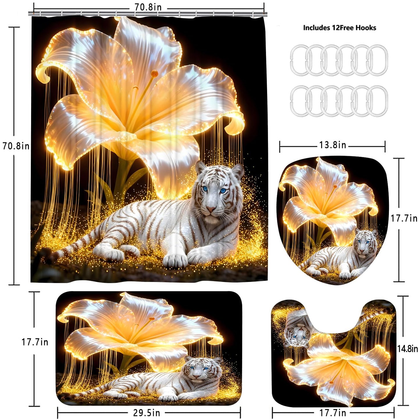 4 Piece Black and Gold Shower Curtain Set with Rugs, Majestic White Tiger & Glowing Golden Lily Floral Art, Luxury Waterproof Fabric Bathroom Decor, Non-Slip Bath Mats & Toilet Lid Cover