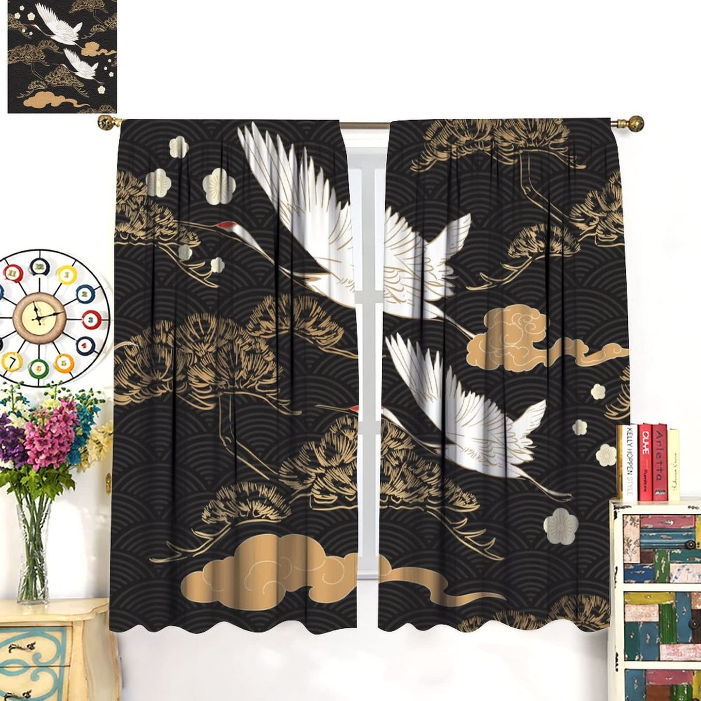 Japanese Style Curtains, Retro Red Crane Black and Gold Pine Tree Wave Abstract Asian Style, Bedroom Living Room Blackout Curtains, 2 Panel Set,42X45 Inch