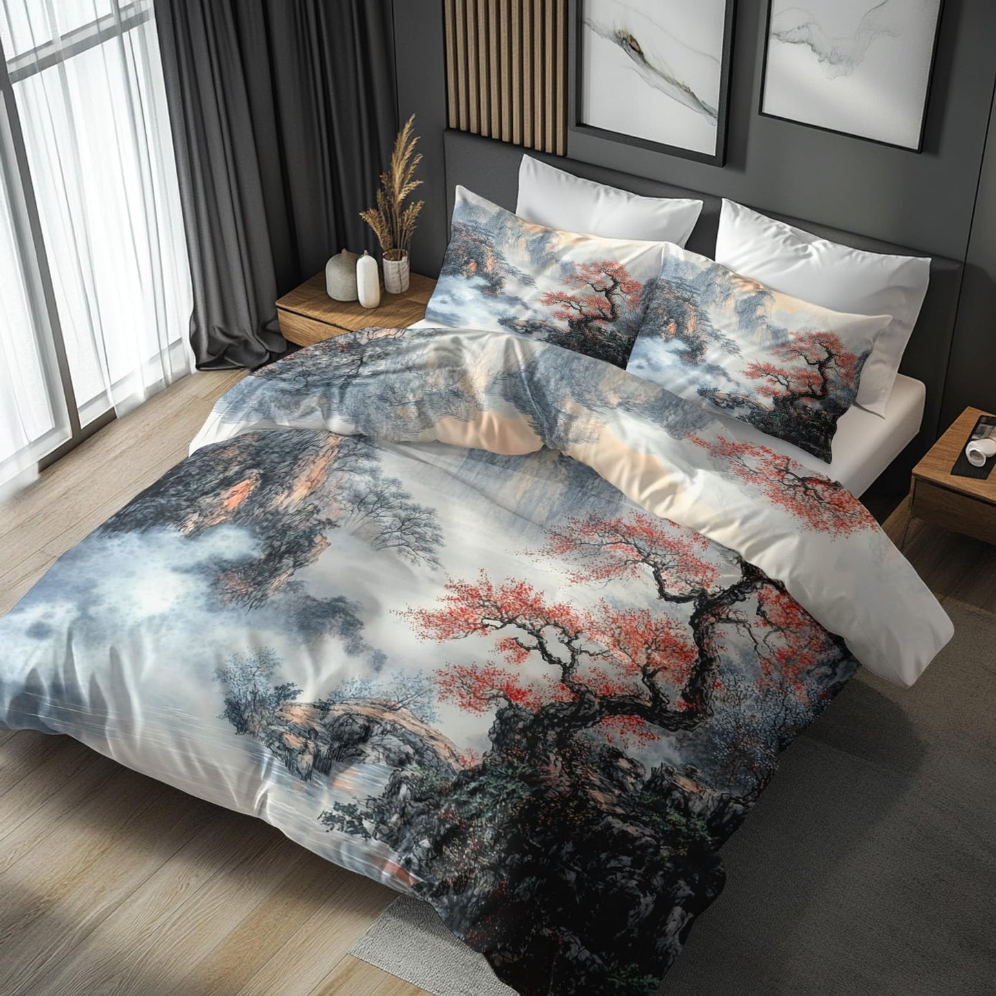 zcwl Chinese Landscape Duvet Cover Oversized King Size | Mountain Tree Bedding Set | 3 Piece | Soft Microfiber Patterned Comforter Cover with Zipper Ties & 2 Pillowcases | Nature Scenery Bedroom Decor