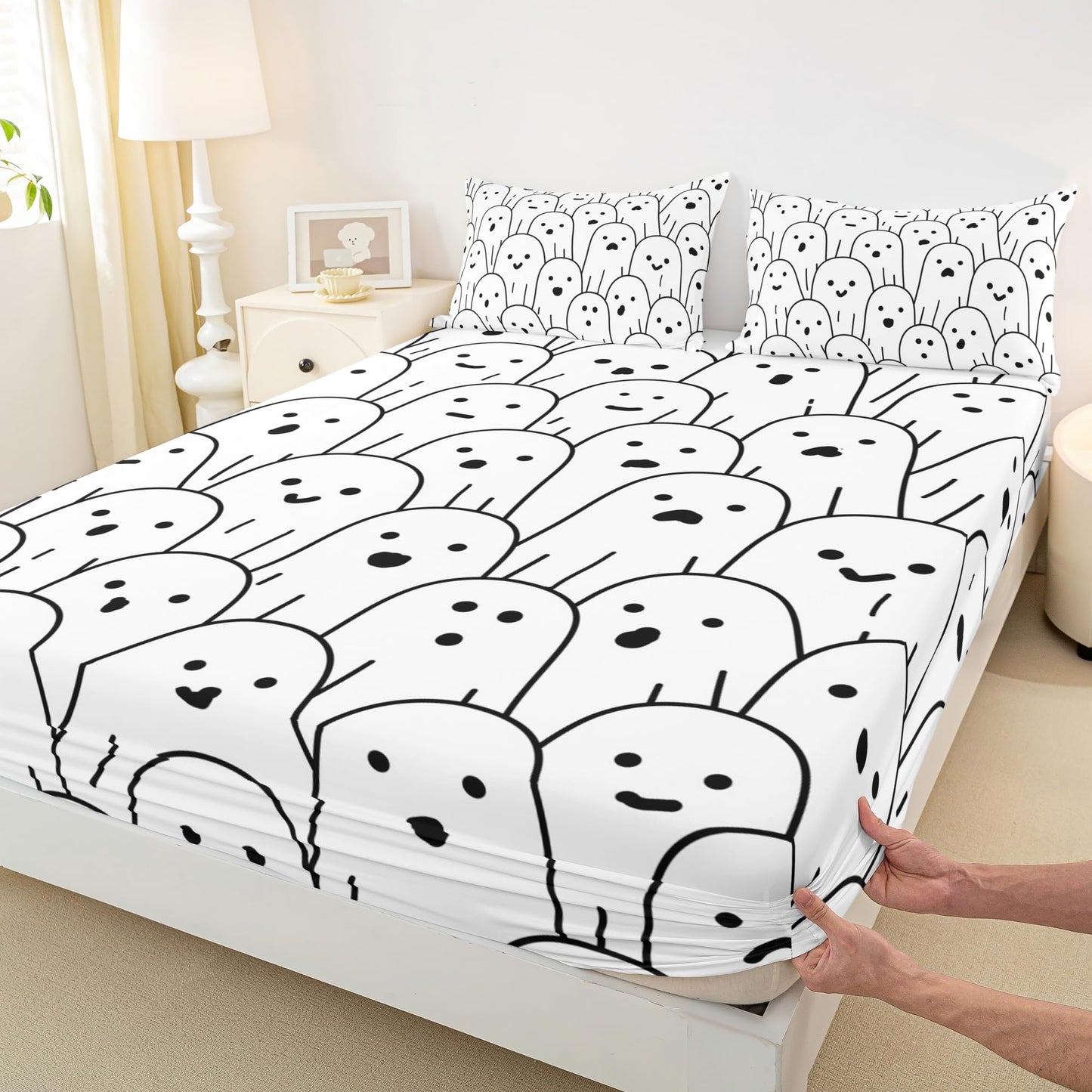 Castle Fairy Cute Ghost Fitted Sheet Queen Size Black and White Bedding Set Halloween Theme Sheet Set,Cartoon Ghost Bed Cover Ultra Soft Breathable Bedspread 3 Pcs for Kids Teens Boys No Flat Sheet
