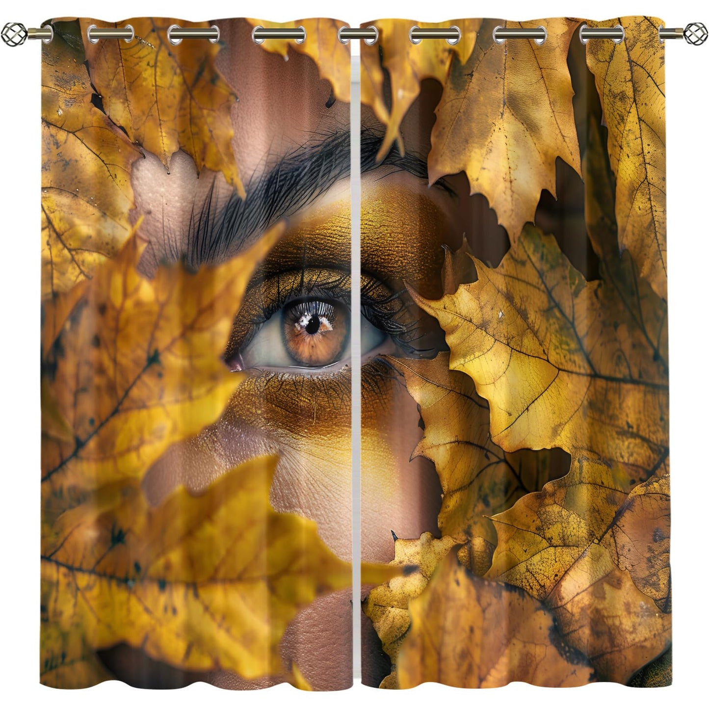 XAFIAUR Leaves Blackout Curtains, Fashion Eyes Printed Drapes, Autumn Landscape Thermal Insulated Drapes 2 Panels Darkening Window Curtain for Bedroom Living Room 31.5" W x 63" L x2