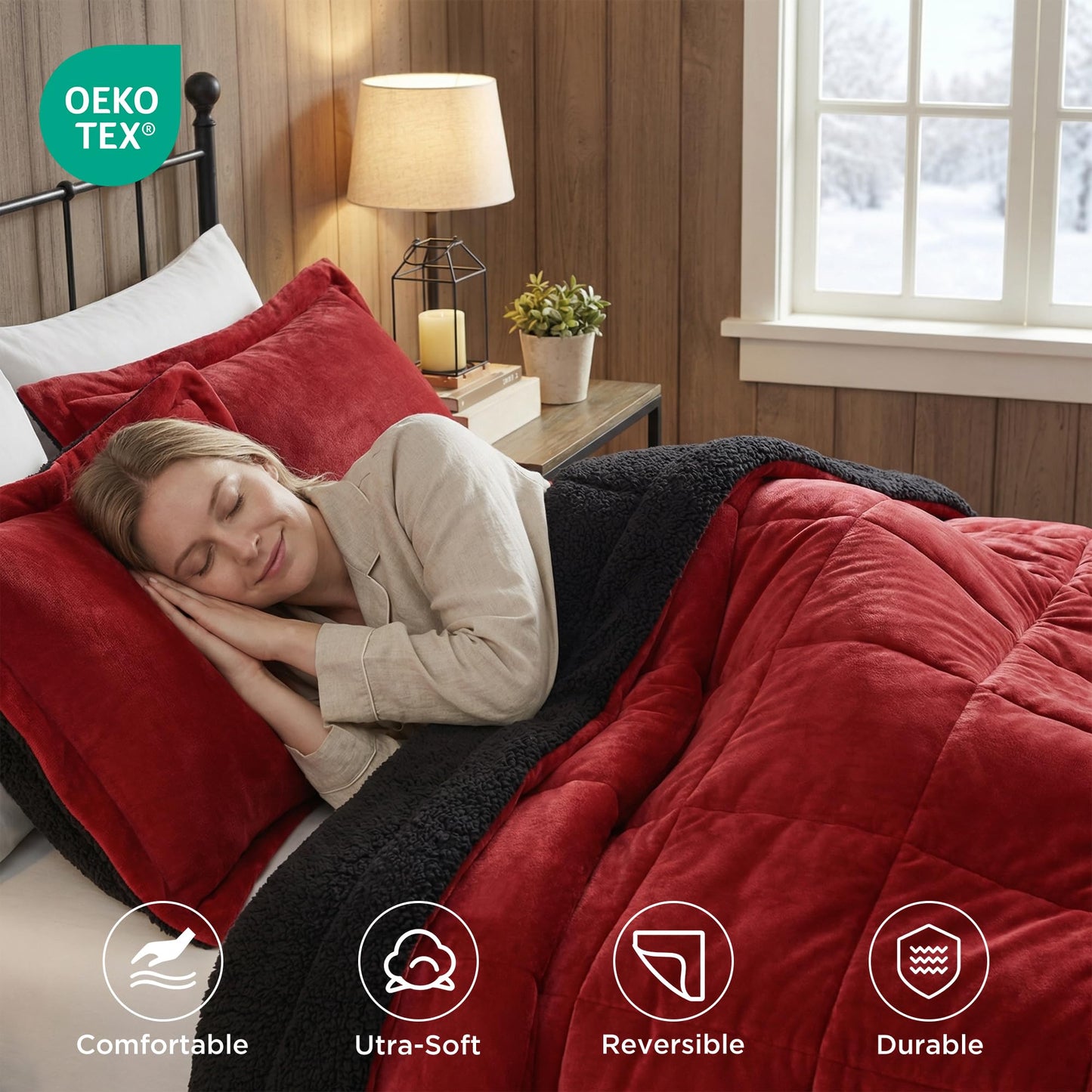 Woolrich Reversible Comforter Set Ultra Soft Plush to Sherpa, Down Alternative, Cold Weather Winter Warm Bedding, with Matching Sham, Decorative Pillow Red/Black Full/Queen 4 Piece