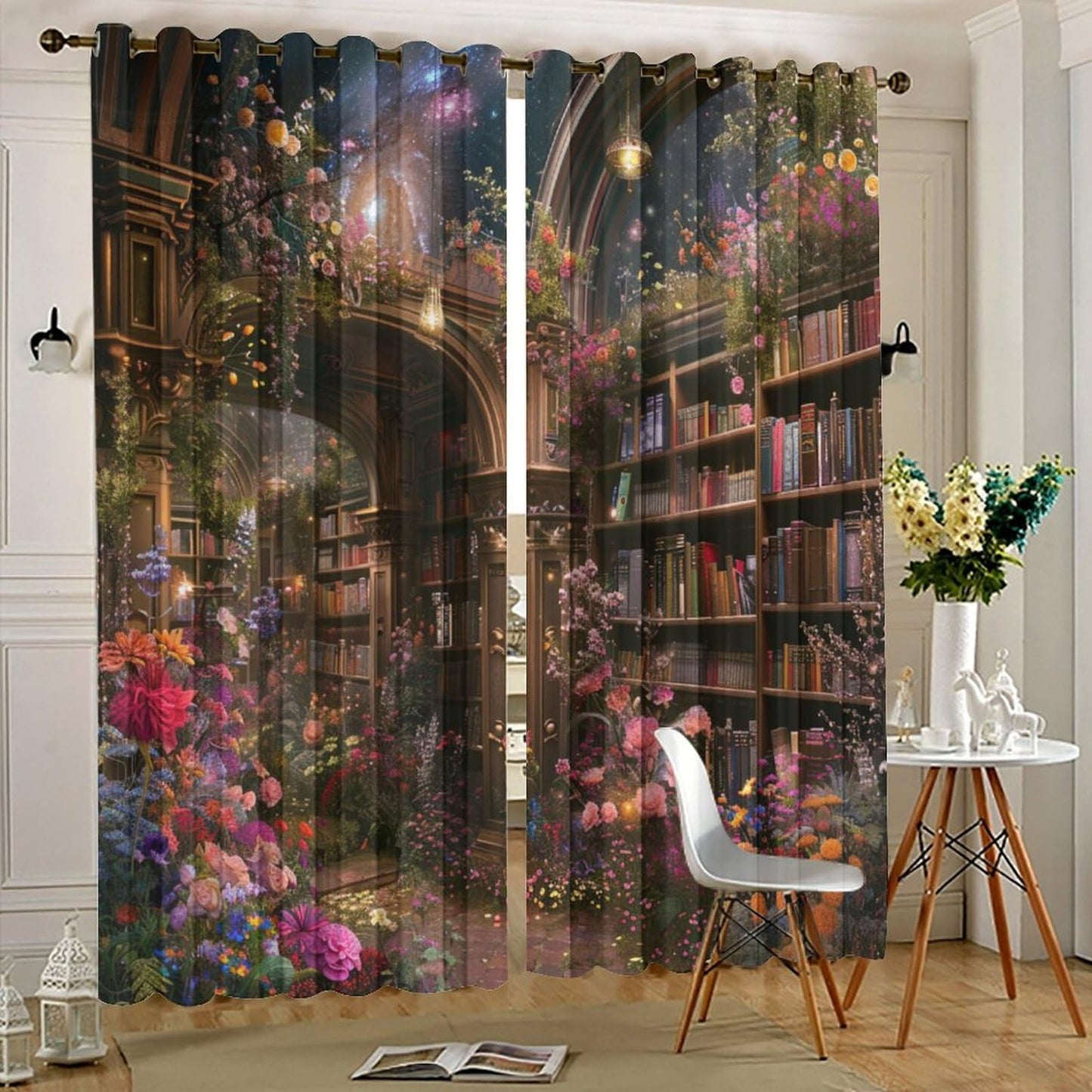 HDESDIS Floral Bookshelf Blackout Curtains for Bedroom Living Room, Colorful Star Galaxy Library Thermal Insulated Curtains Window Drapes with Grommet, 21W x 45L, 2 Panels