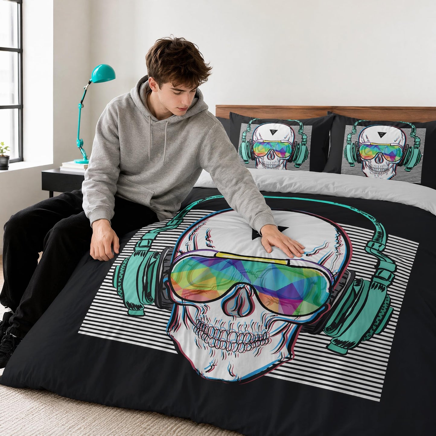 SHOMPE Music Skull Comforter Sets Full Size Boys Girls Punk Rocker Skeleton Printed Soft Warm Bedding for All Season