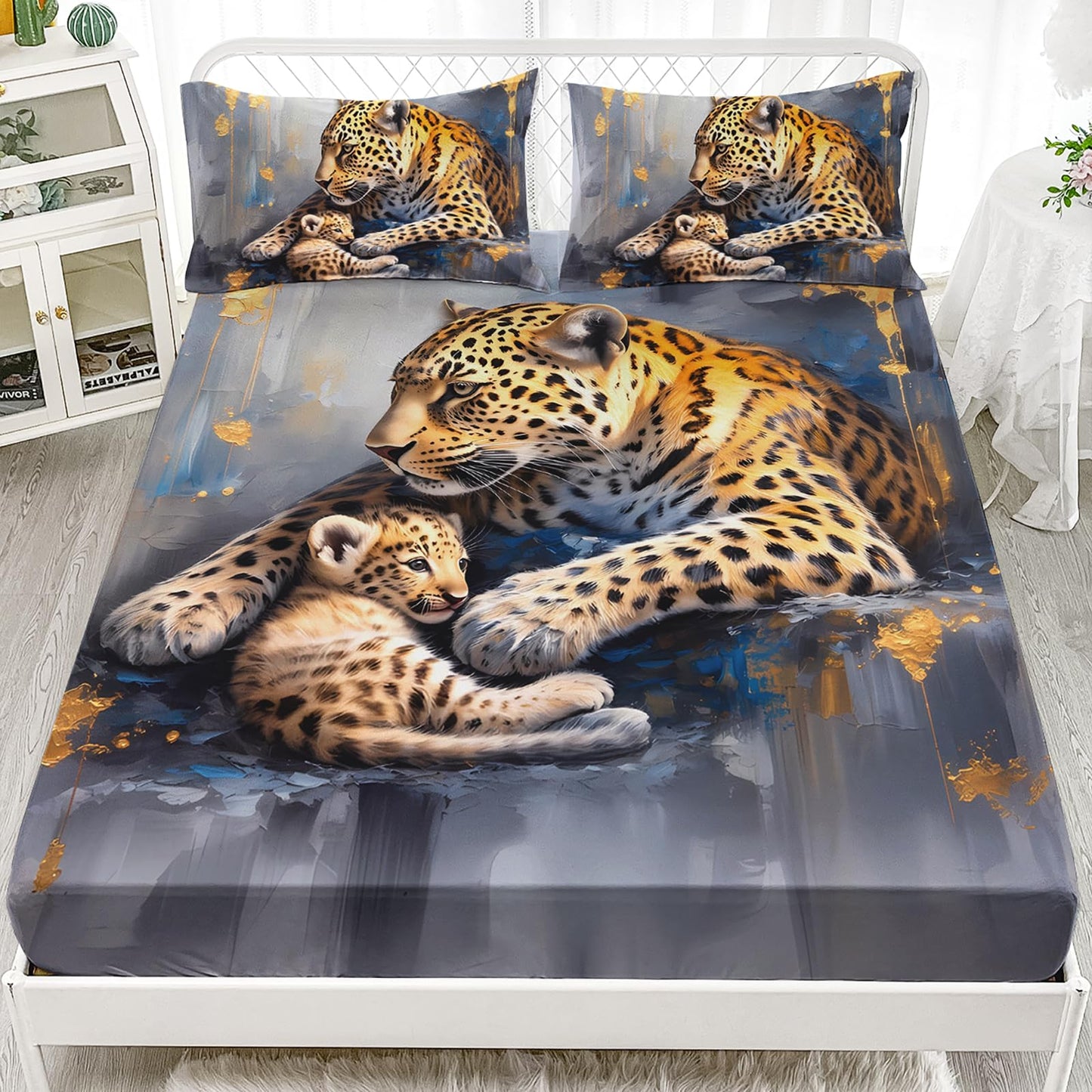 AILONEN Cheetah Family Fitted Sheet Set Queen Size,Wild Animal Themed Leopard Print Bedding Set for Boys Girls,3D Cheetahs Deep Pocket Sheets with 2 Pillowcases,3-Piece