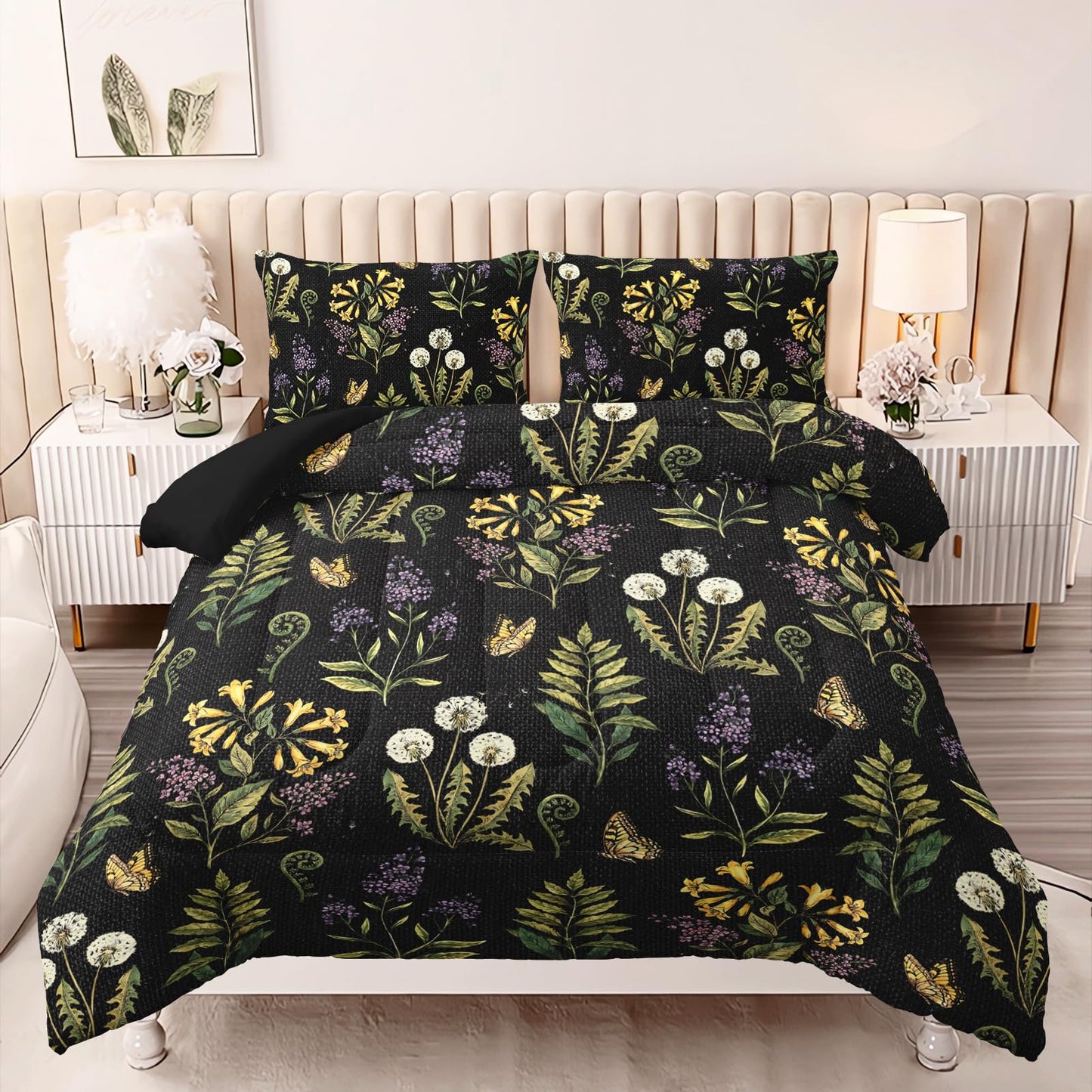 AILONEN Wildflower Meadow Full Comforter Set 3 Piece, Dark Floral Bedding, Yellow Blossom Lavender Leaf Print, Teen Apartment, 2 Pillowcases