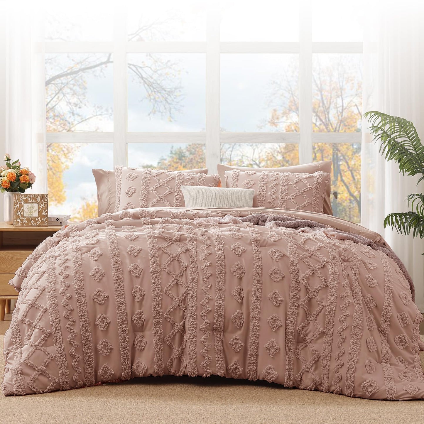 WRENSONGE Queen Comforter Set with Sheets - 7 Pieces Rusty Pink Tufted Bed in a Bag Queen Shabby Chic Bedding Sets with 1 Comforter, 2 Sheets, 2 Pillowcases & 2 Shams